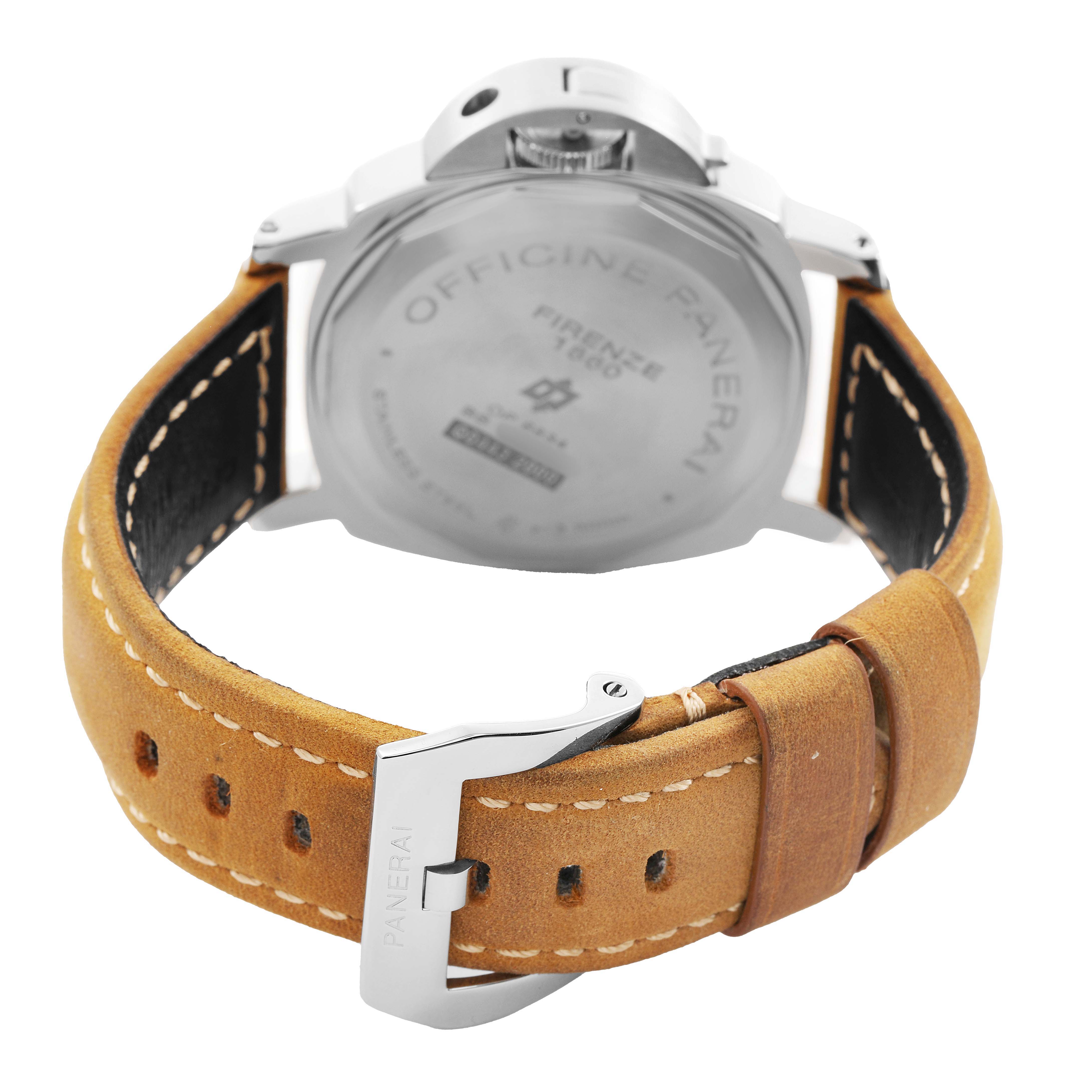The image shows the back of a Panerai Luminor PAM00000 Men's Stainless Steel Black Dial watch, highlighting its buckle and tan leather strap.