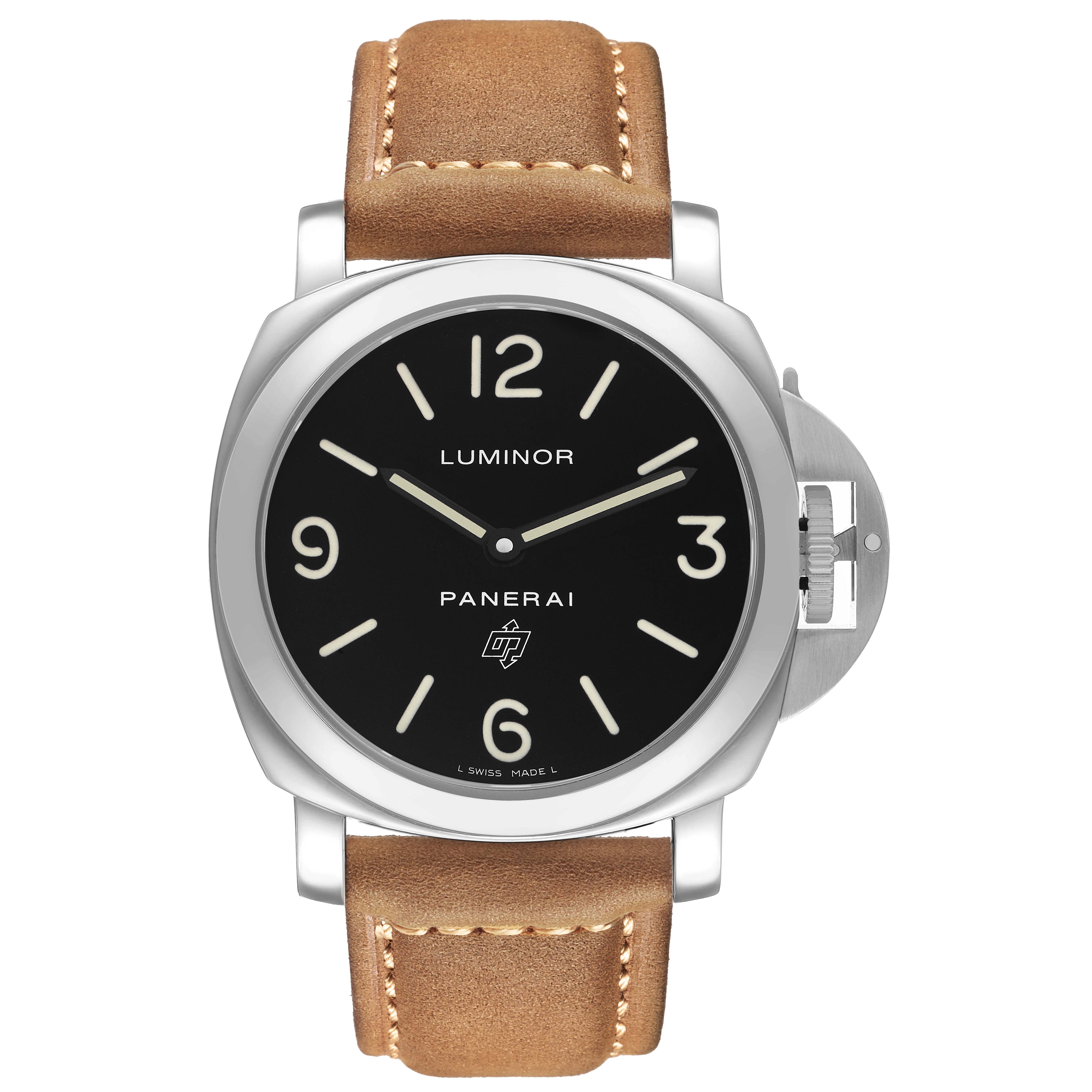 The Panerai Luminor PAM00000 Men's Stainless Steel Black Dial watch is shown from a front view, highlighting the dial, bezel, and leather strap.