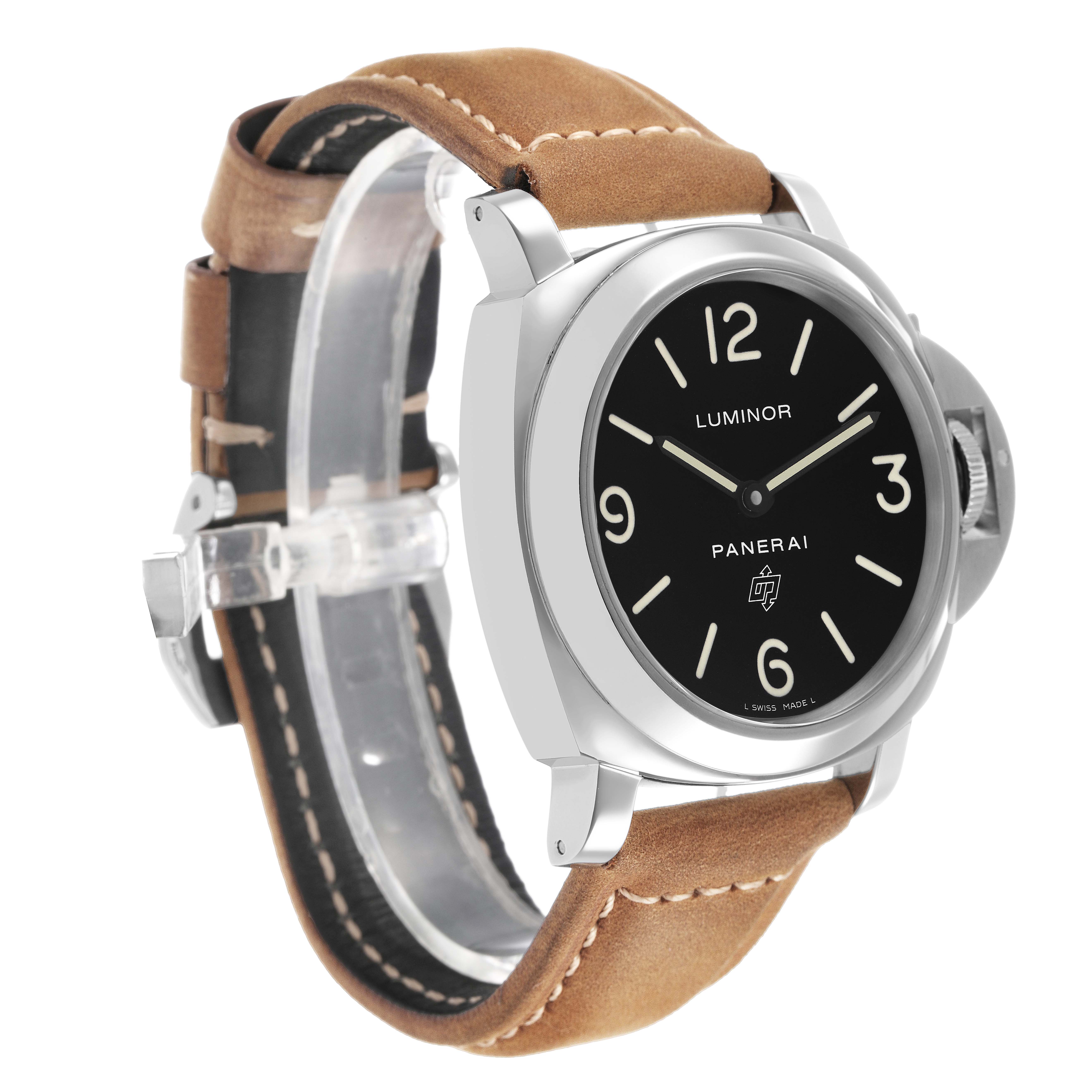 The Panerai Luminor PAM00000 Men's Stainless Steel Black Dial watch is shown at a three-quarter angle, highlighting the face, crown guard, and brown leather strap.