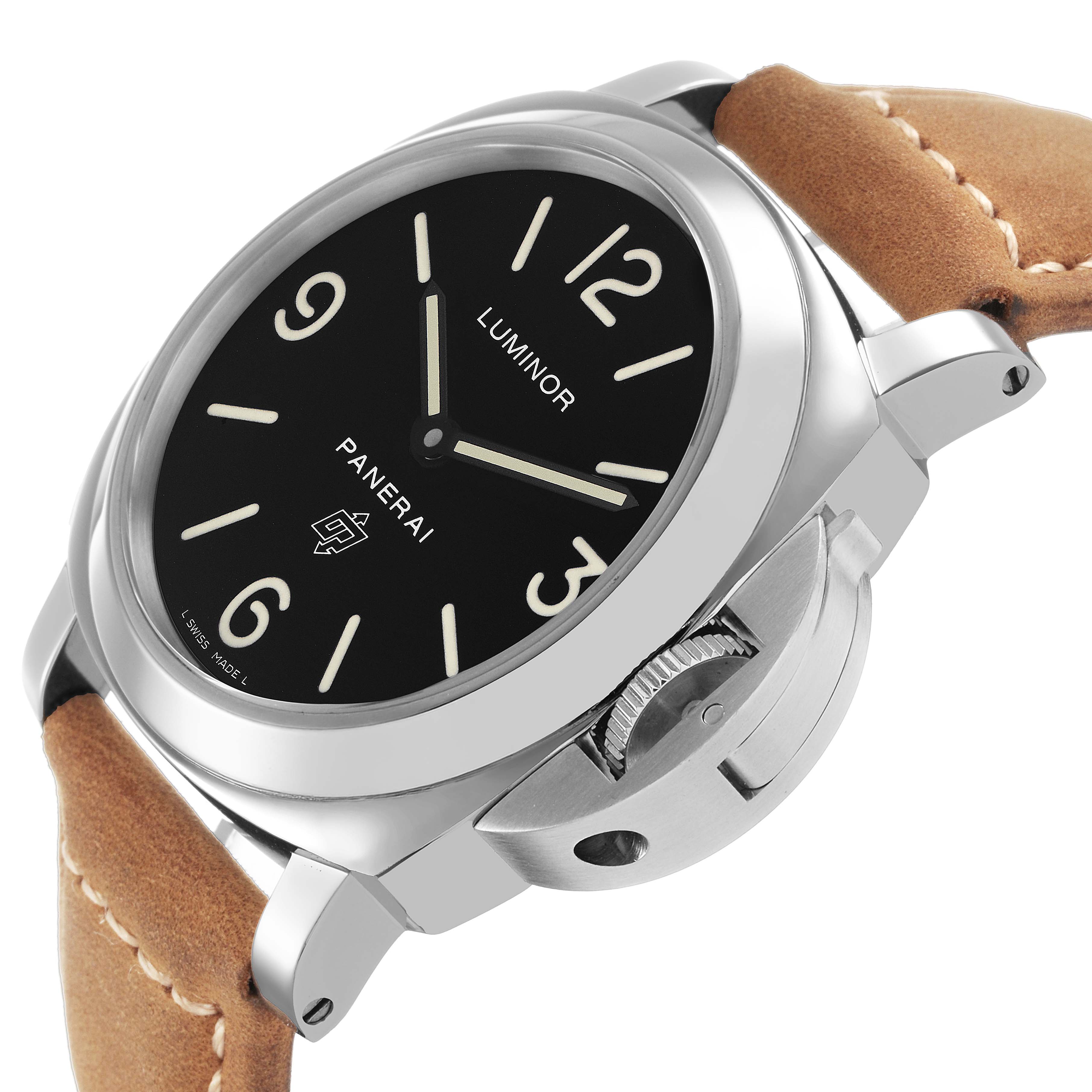 The Panerai Luminor PAM00000 Men's Stainless Steel Black Dial watch is shown at an angle displaying the dial, crown guard, and brown leather strap.