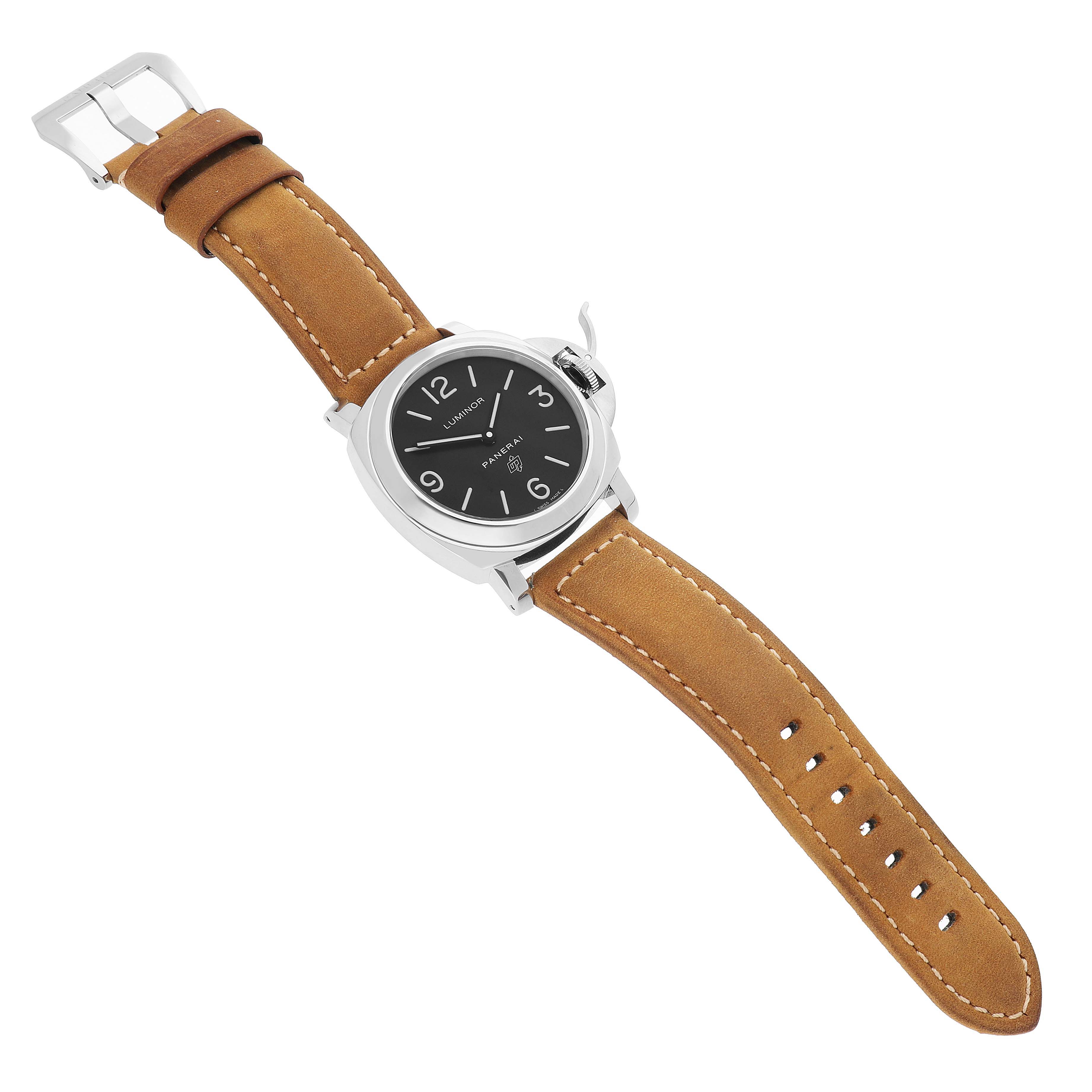 The Panerai Luminor PAM00000 Men's Stainless Steel Black Dial watch is shown at a slight angle, highlighting the case, dial, crown guard, and brown leather strap.
