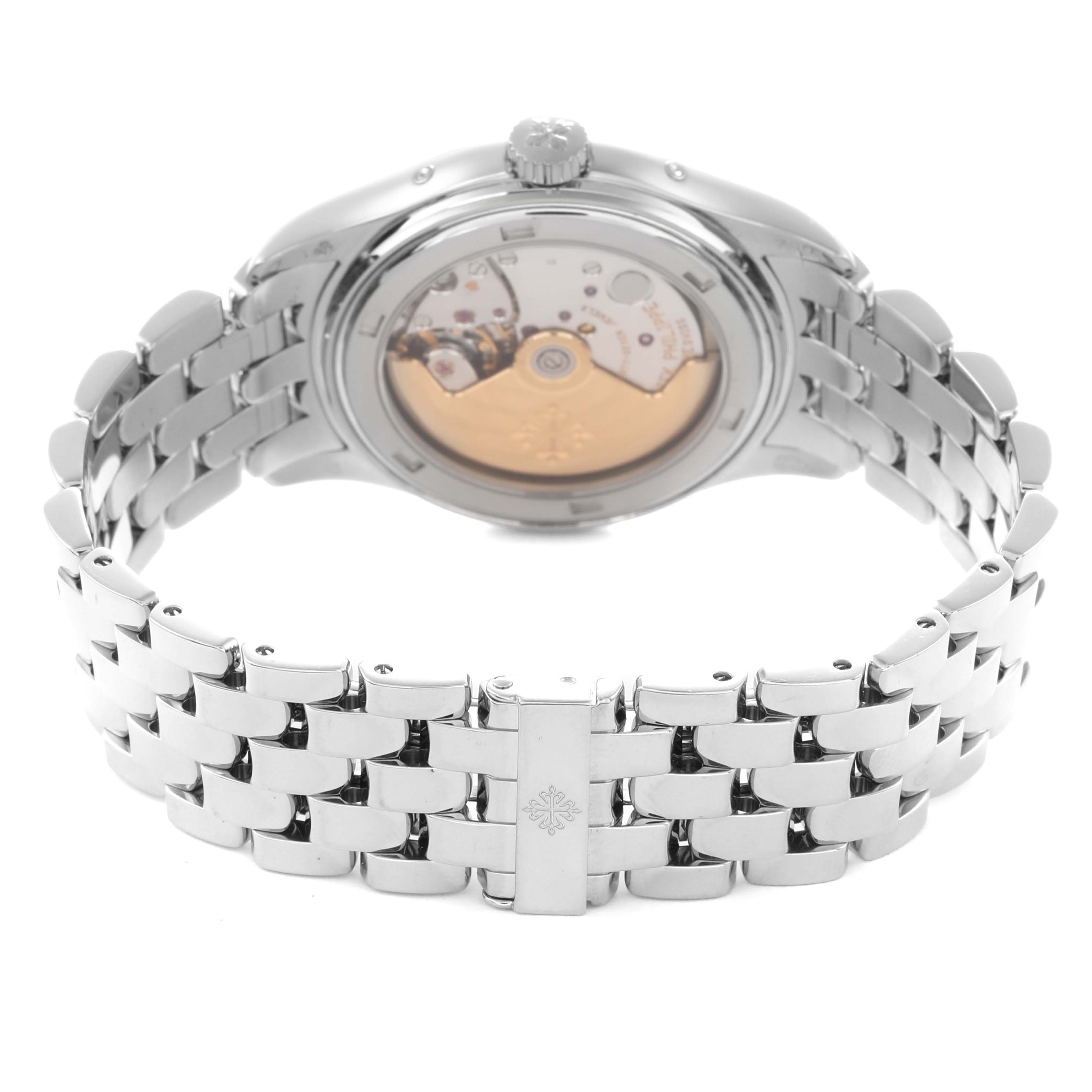 The Patek Philippe Complications 5036/1G Men
s White Gold Black Dial 5036/1G Men
s White Gold Black Dial watch is shown from the back, highlighting its open case back and metallic bracelet.