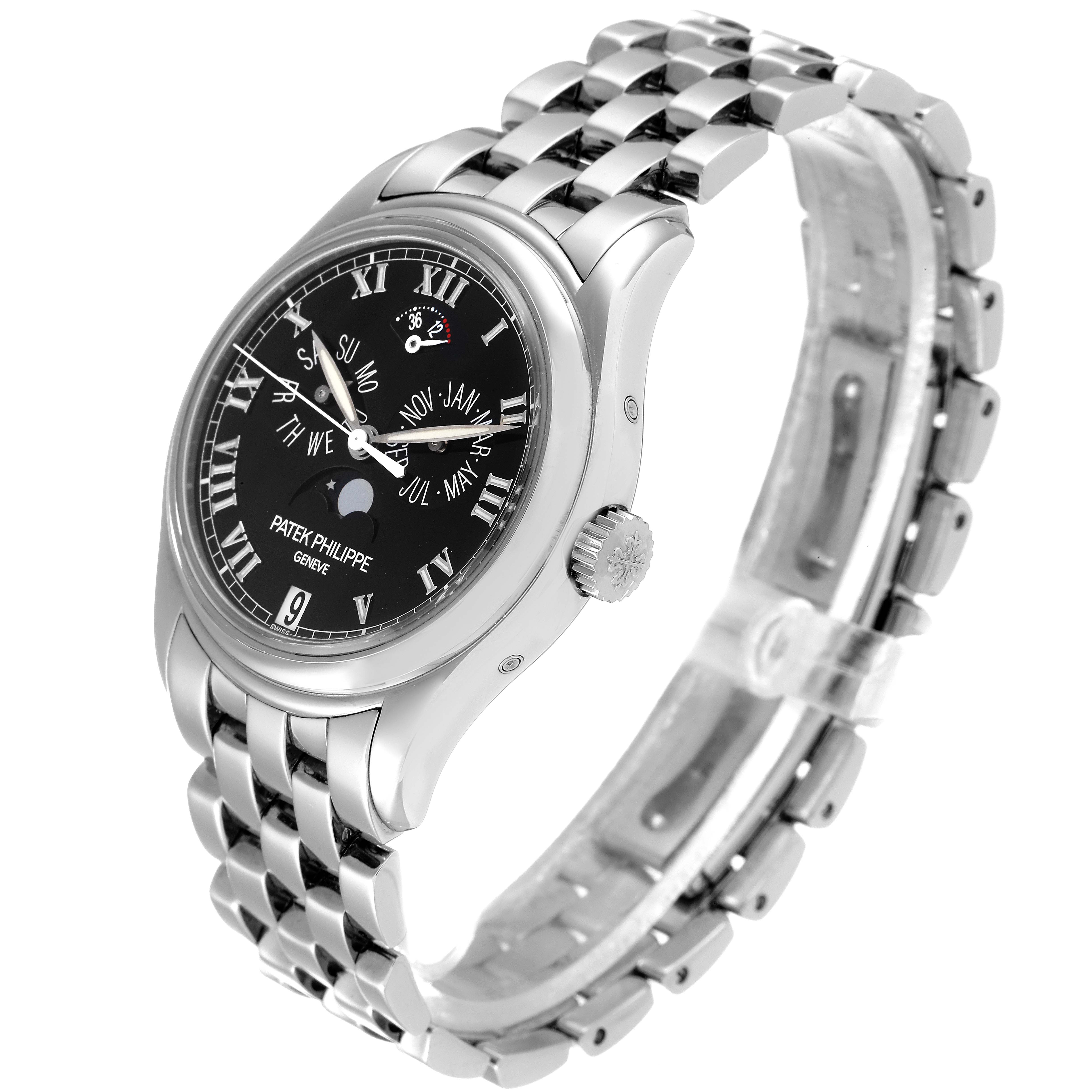 The Patek Philippe Complications 5036/1G Men
s White Gold Black Dial 5036/1G Men
s White Gold Black Dial watch is shown at a three-quarter angle, highlighting its dial, bracelet, and crown.