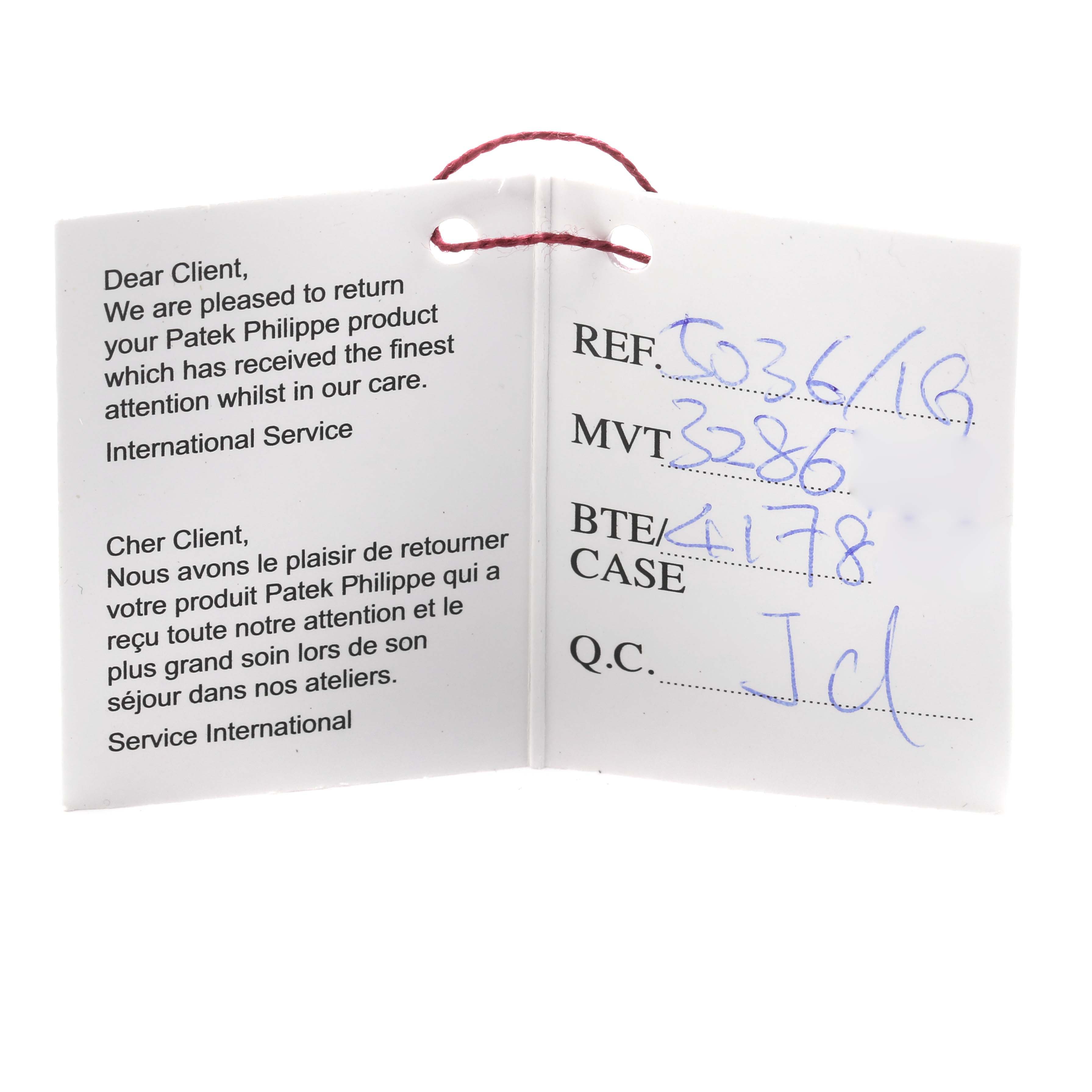 The image shows a service tag for the Patek Philippe Complications 5036/1G Men
s White Gold Black Dial 5036/1G Men
s White Gold Black Dial watch, featuring a reference number and service details.