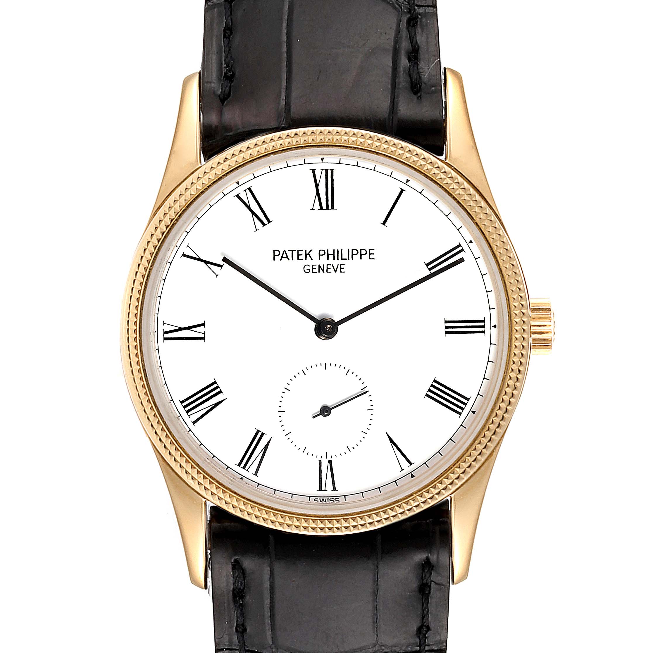 The image shows a front view of a Patek Philippe Calatrava 3796 Men's Yellow Gold White Dial 3796 Men's Yellow Gold White Dial watch, displaying its face, Roman numerals, and black leather strap.