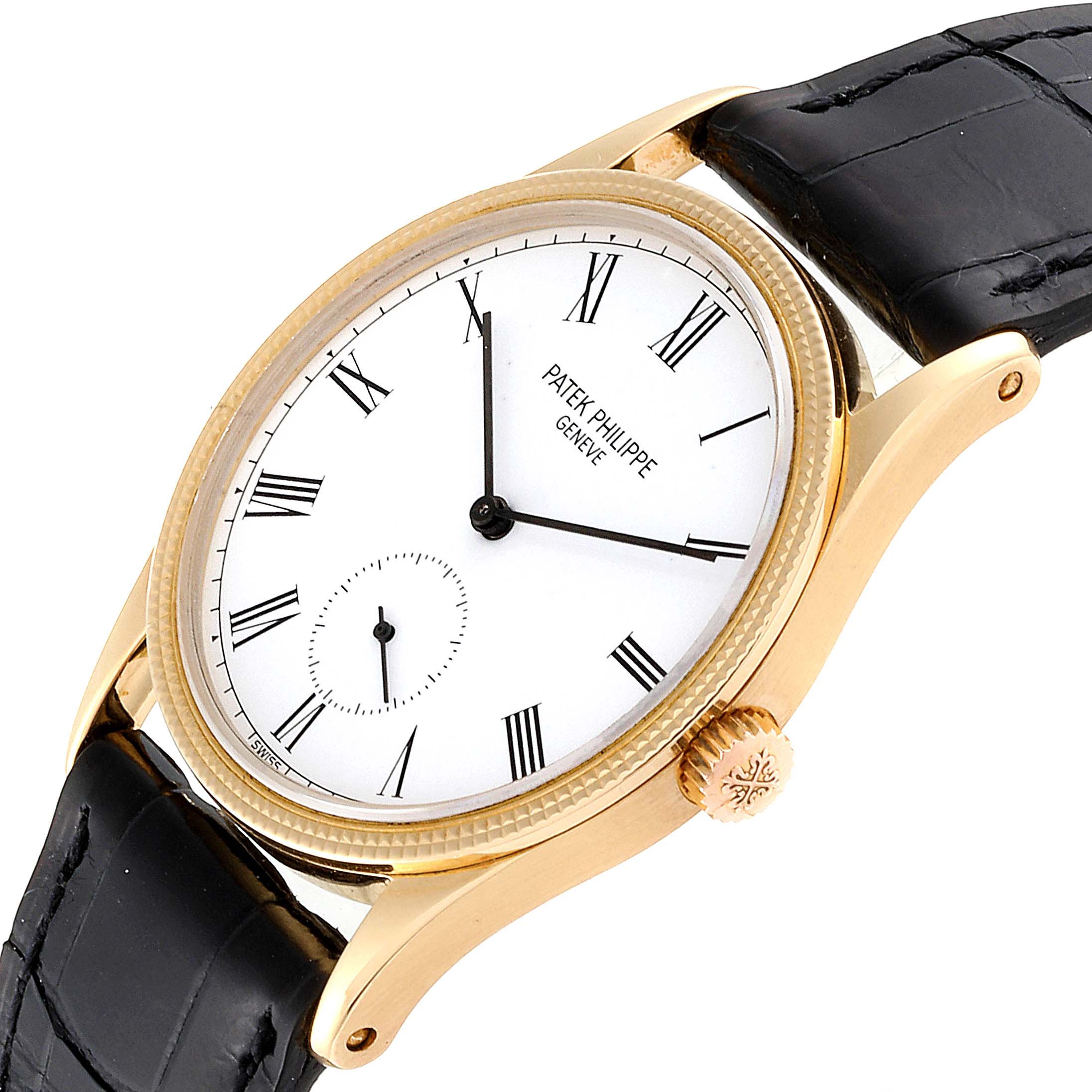 The image shows a side view angle of a Vintage Patek Philippe watch, displaying the face, crown, and black leather strap.