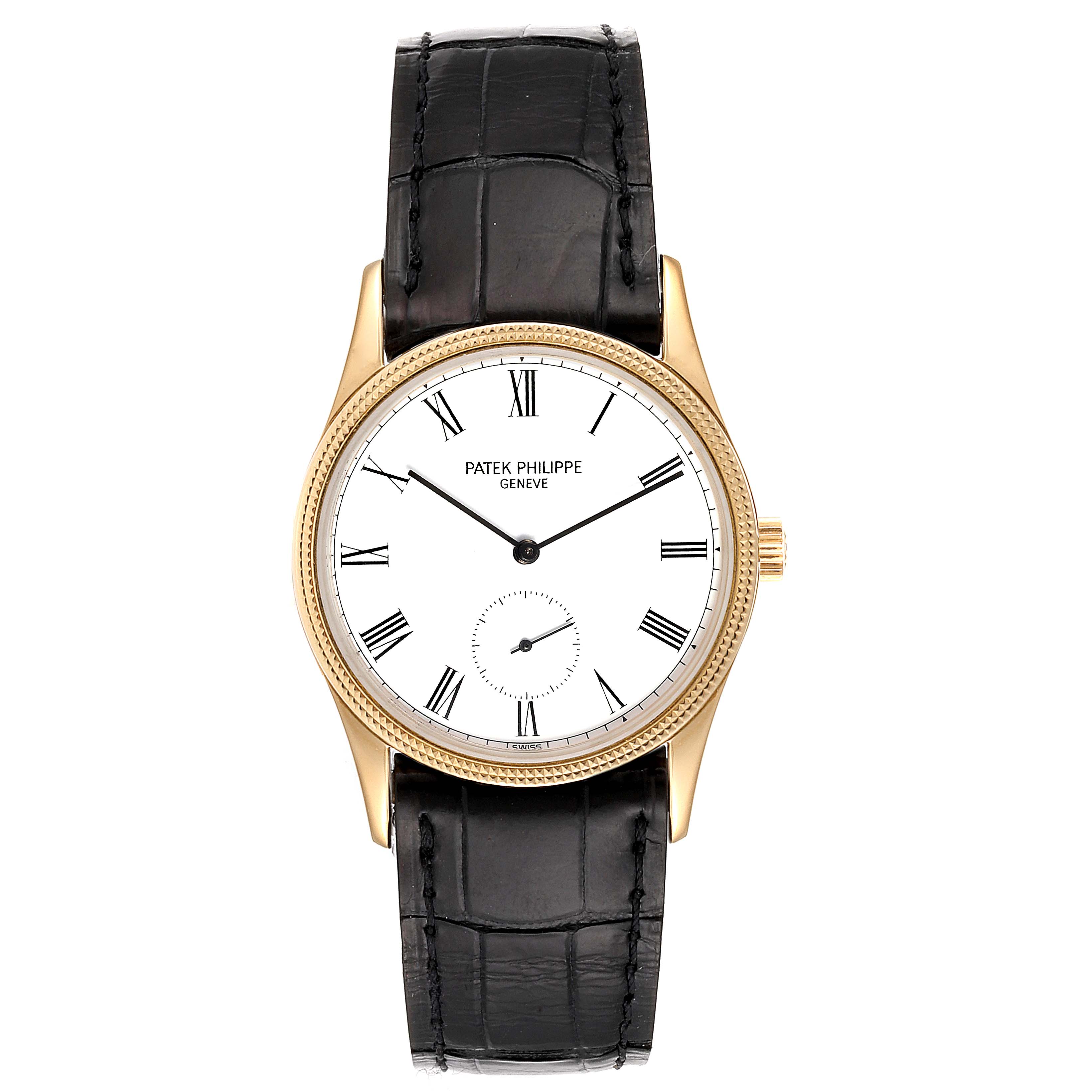 The image shows a front view of a Vintage Patek Philippe watch with a gold case and black leather strap.