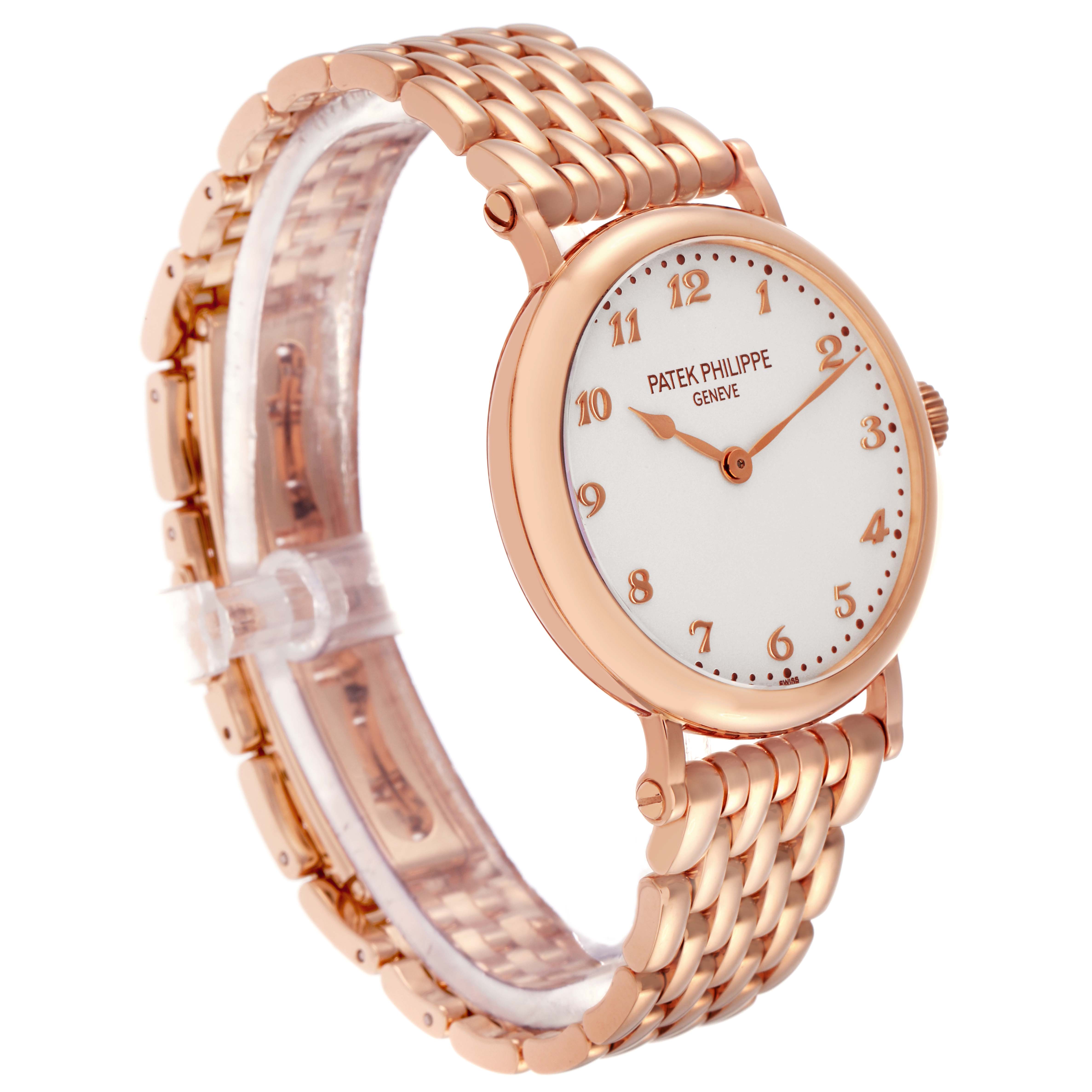 The Patek Philippe Calatrava 7200/1R-001 Men
s Rose Gold Silver Dial 7200/1R-001 Men
s Rose Gold Silver Dial watch is shown from a three-quarter angle, highlighting the face, case, and bracelet.