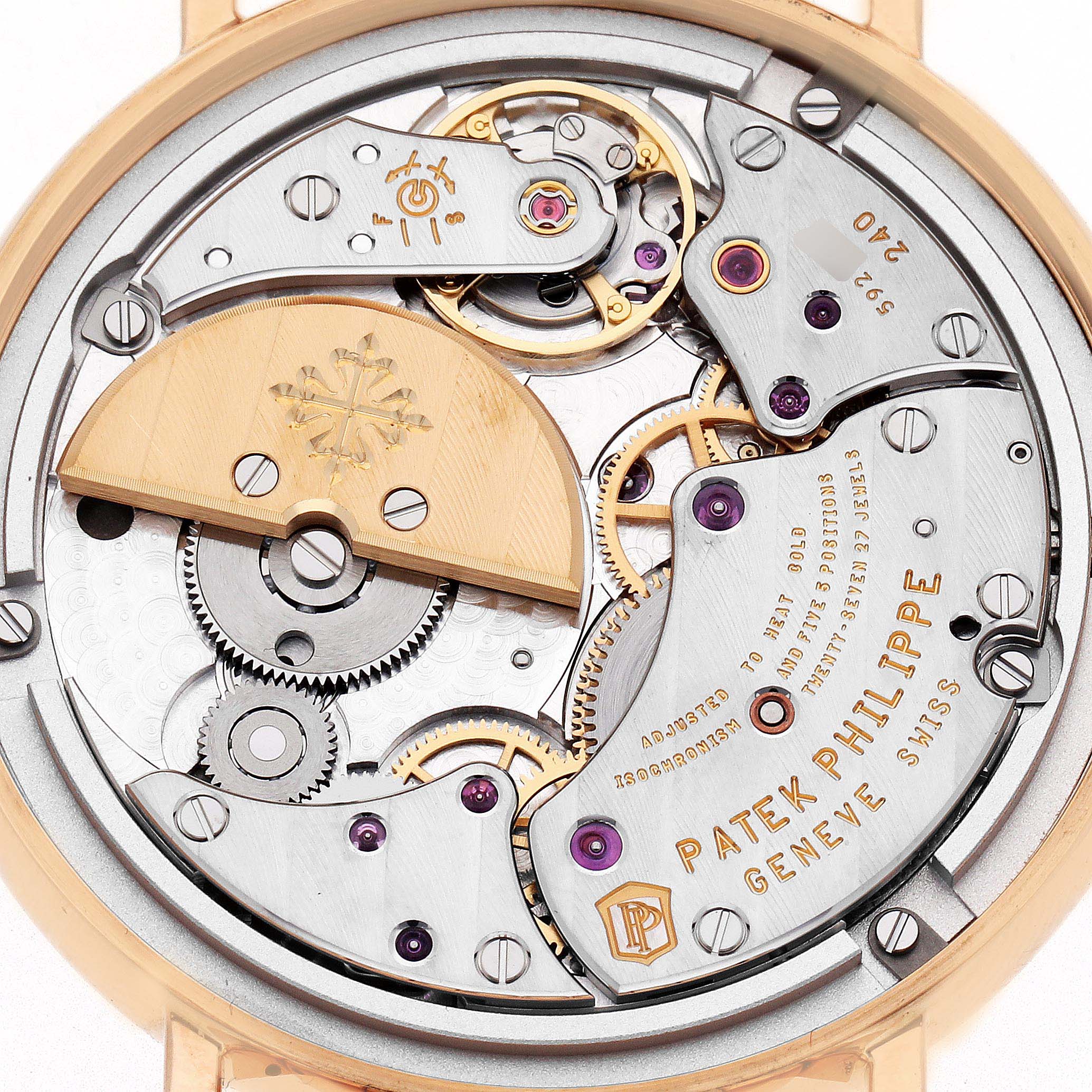 This image shows the back of a Patek Philippe Calatrava 7200/1R-001 Men
s Rose Gold Silver Dial 7200/1R-001 Men
s Rose Gold Silver Dial watch, highlighting its intricate movement.