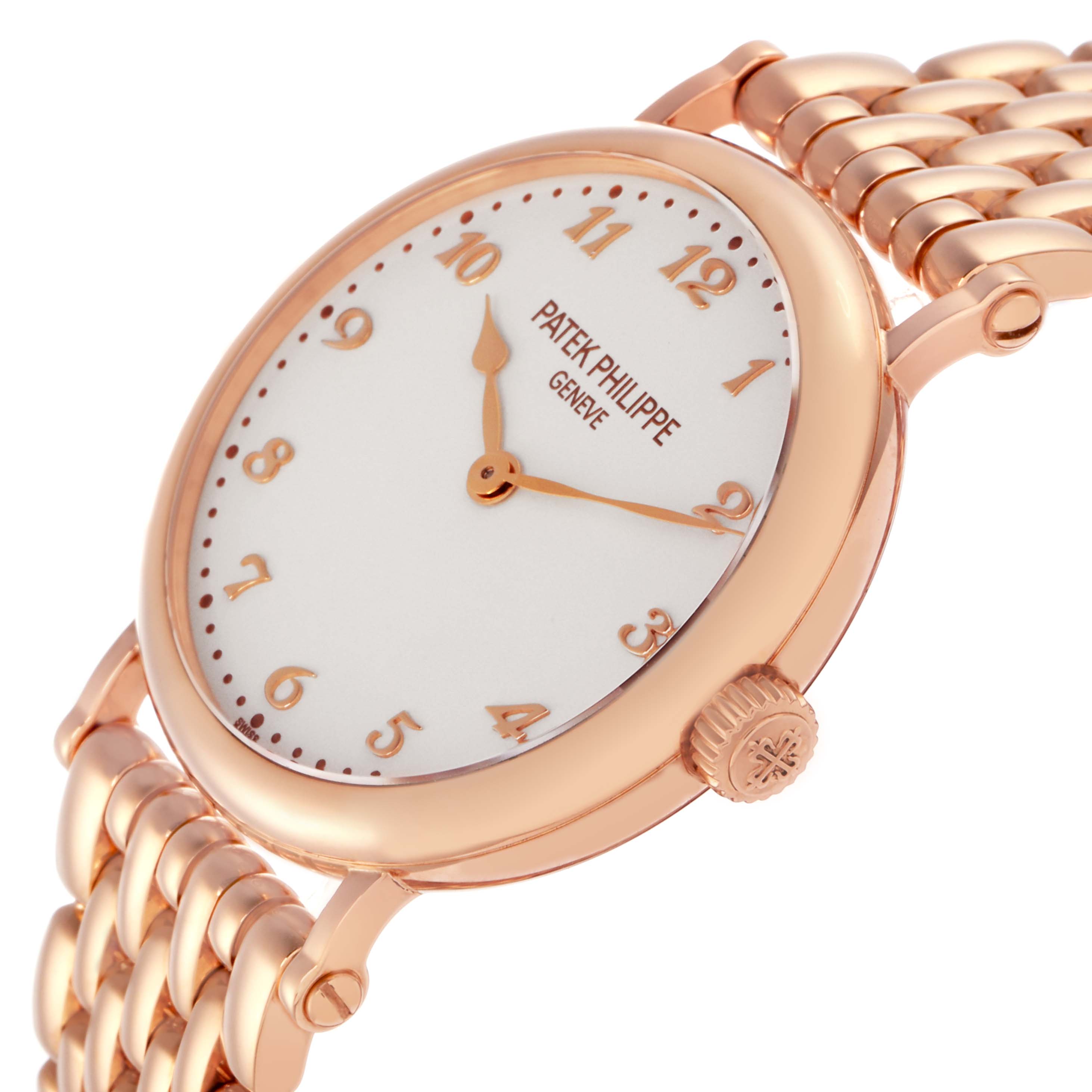 The Patek Philippe Calatrava 7200/1R-001 Men
s Rose Gold Silver Dial 7200/1R-001 Men
s Rose Gold Silver Dial watch is shown at an angled side view, highlighting the dial, case, crown, and part of the bracelet.