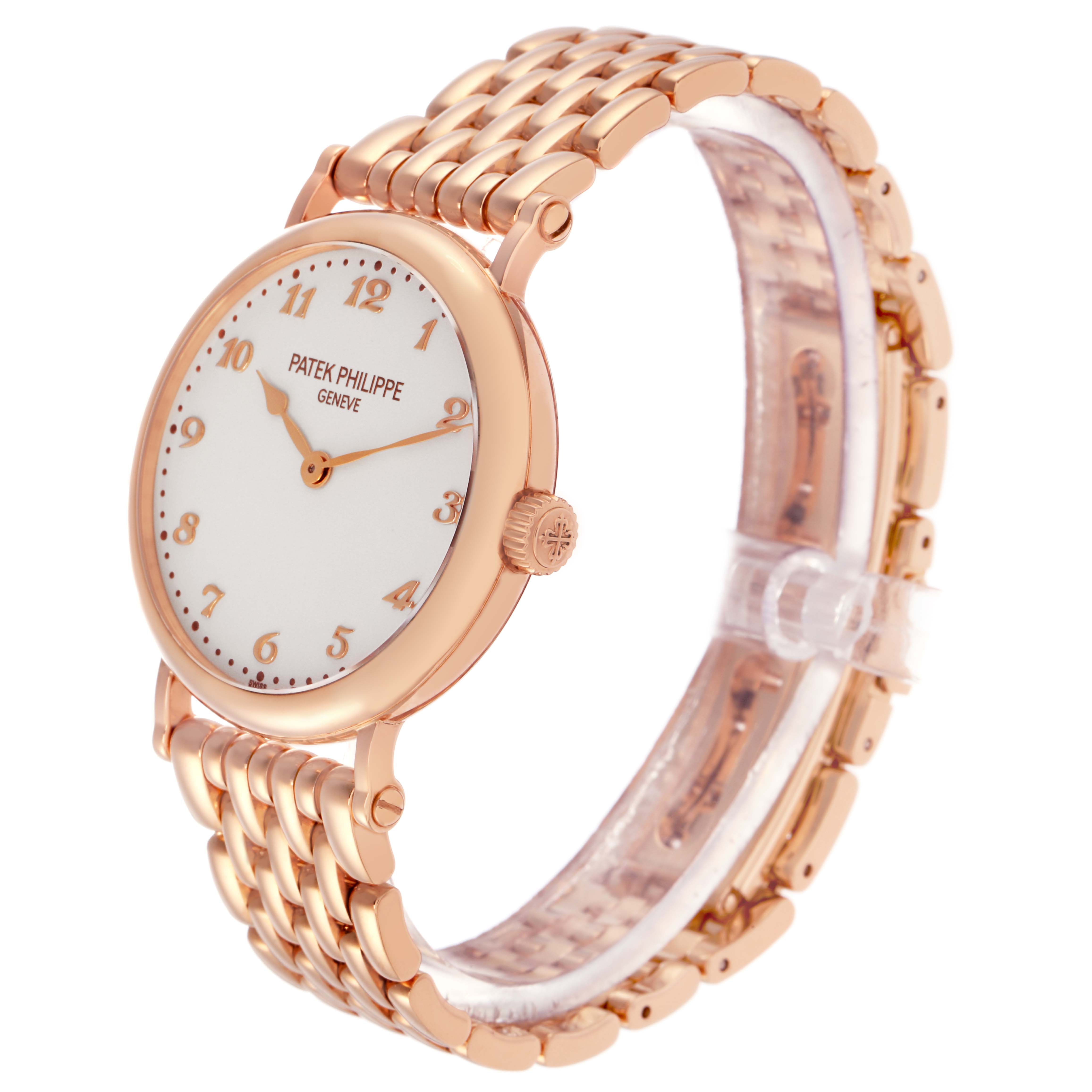 The Patek Philippe Calatrava 7200/1R-001 Men
s Rose Gold Silver Dial 7200/1R-001 Men
s Rose Gold Silver Dial watch is shown at a three-quarter angle, highlighting the face, bracelet, and crown.