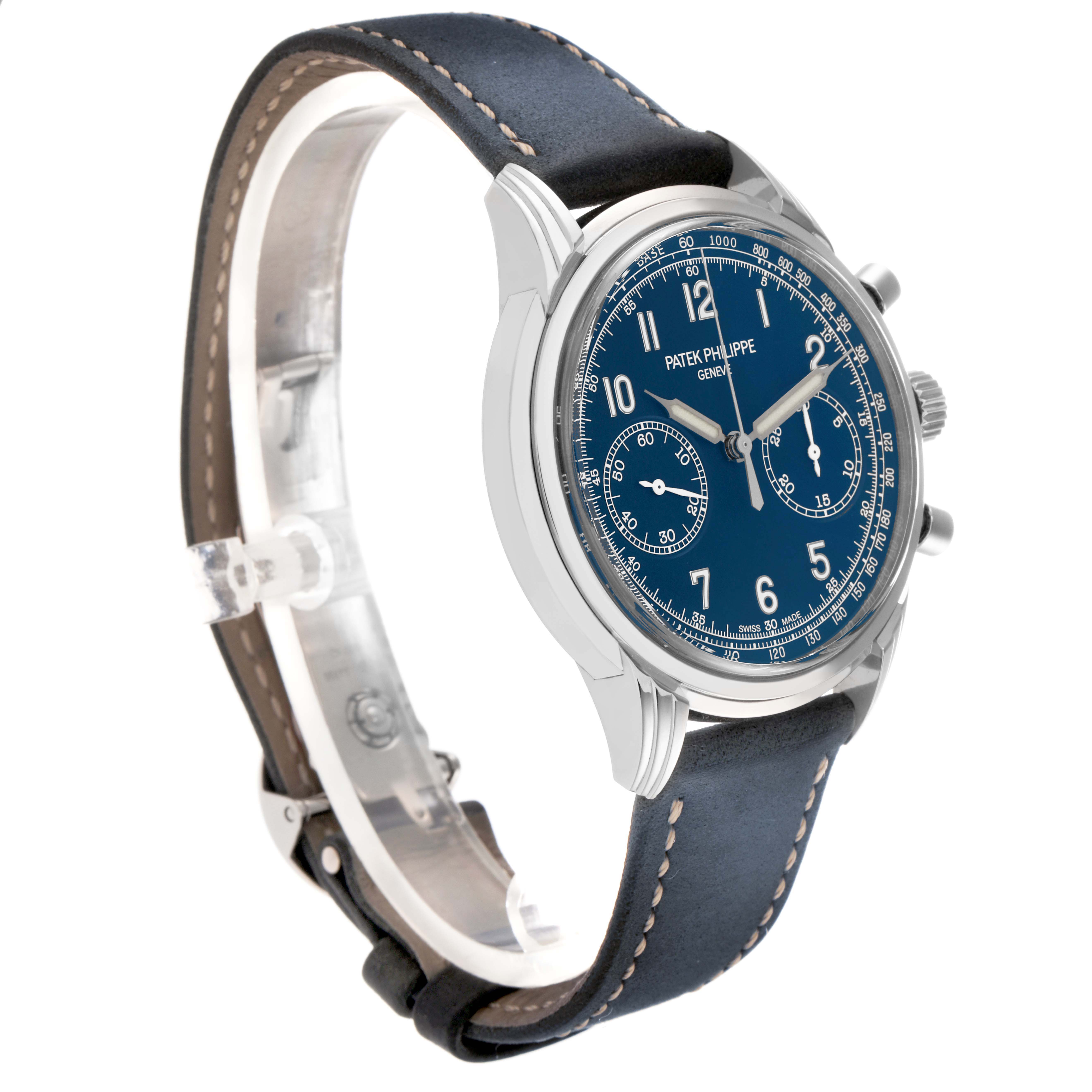 The image shows a Patek Philippe Complications 5172G-001 Men
s White Gold Blue Dial 5172G-001 Men
s White Gold Blue Dial watch at a three-quarter angle, highlighting the face, case, and leather strap.