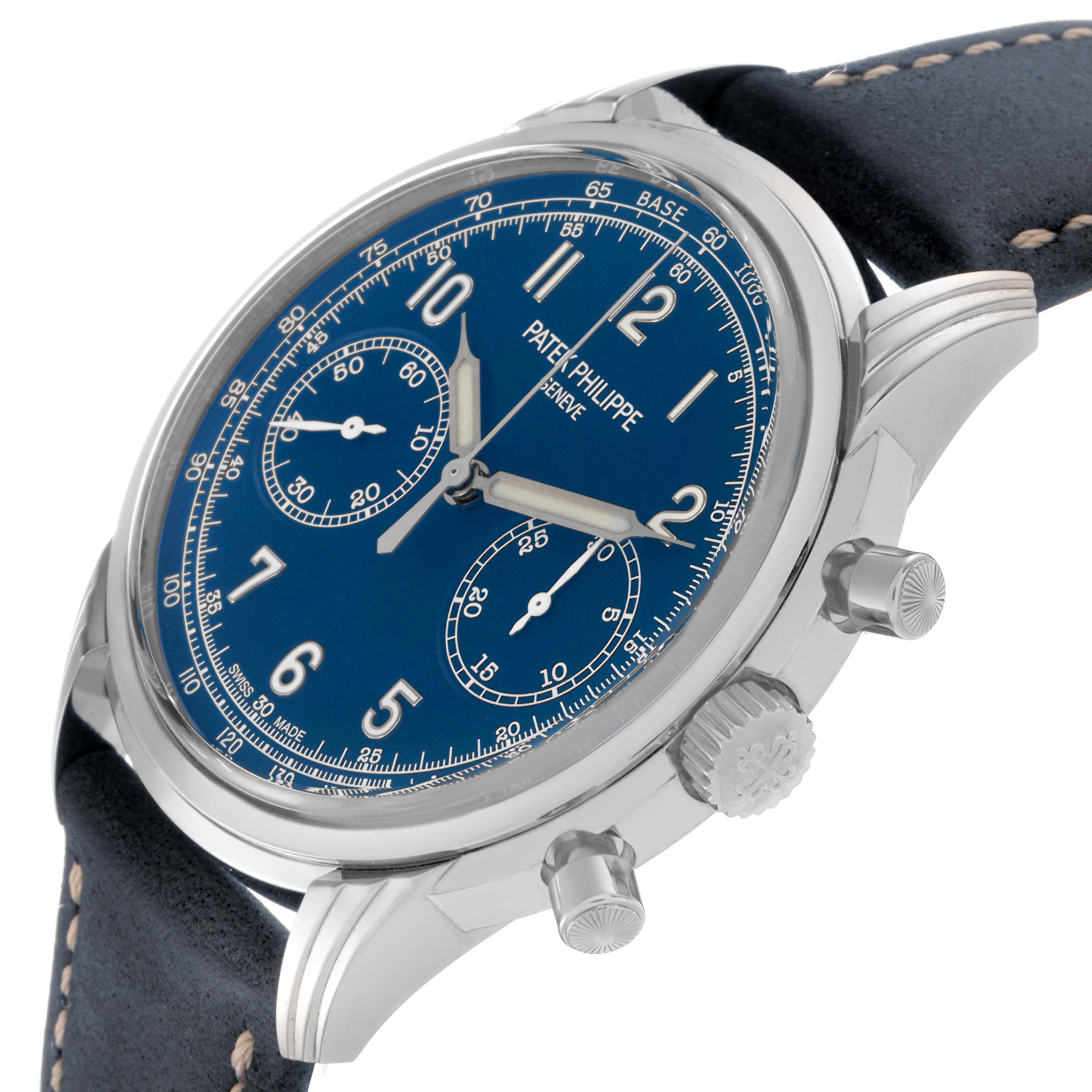 The Patek Philippe Complications 5172G-001 Men
s White Gold Blue Dial 5172G-001 Men
s White Gold Blue Dial watch is shown from a three-quarter angle, highlighting the dial, crown, pushers, and strap.
