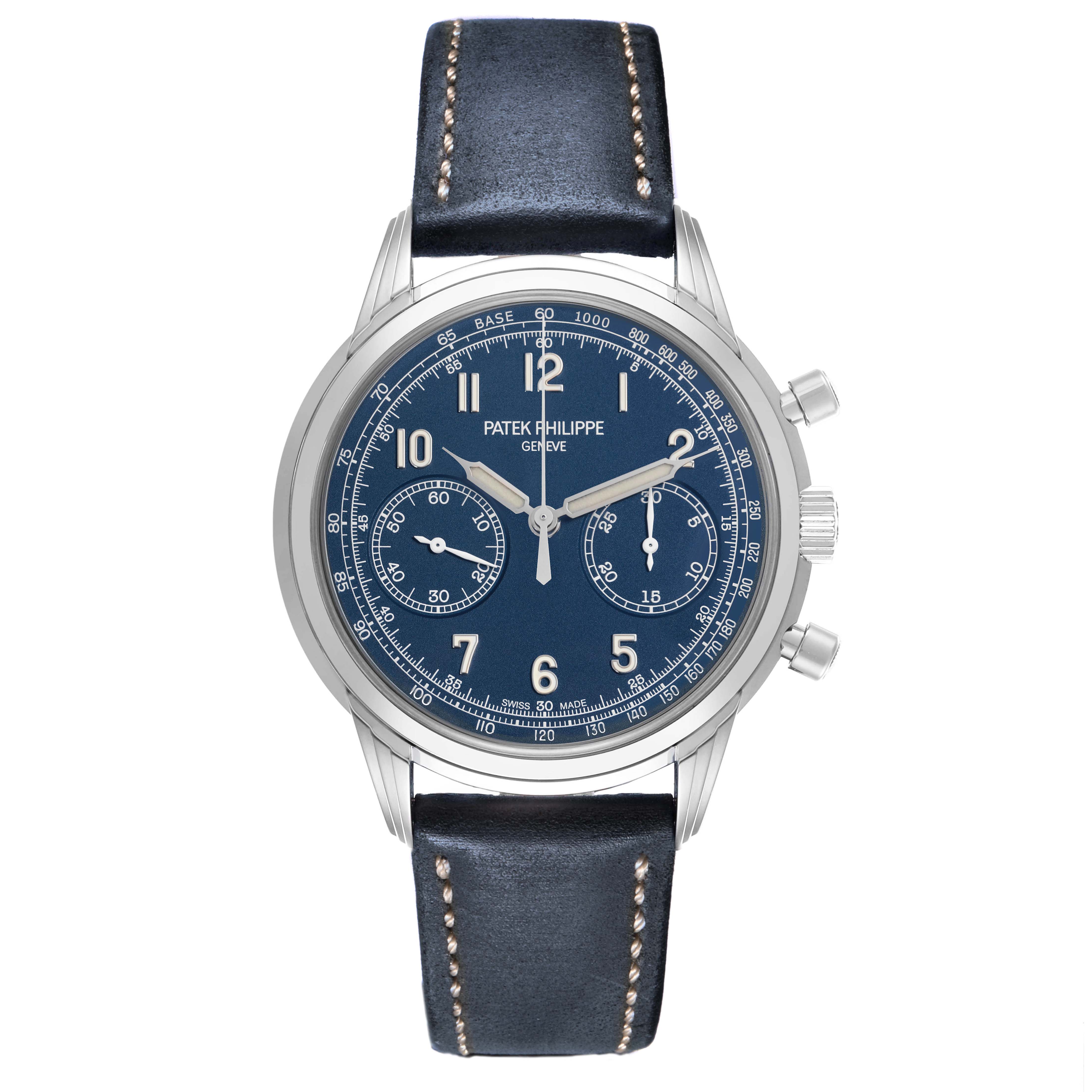 The Patek Philippe Complications 5172G-001 Men
s White Gold Blue Dial 5172G-001 Men
s White Gold Blue Dial watch is shown from a front angle, displaying the dial, strap, and side buttons.