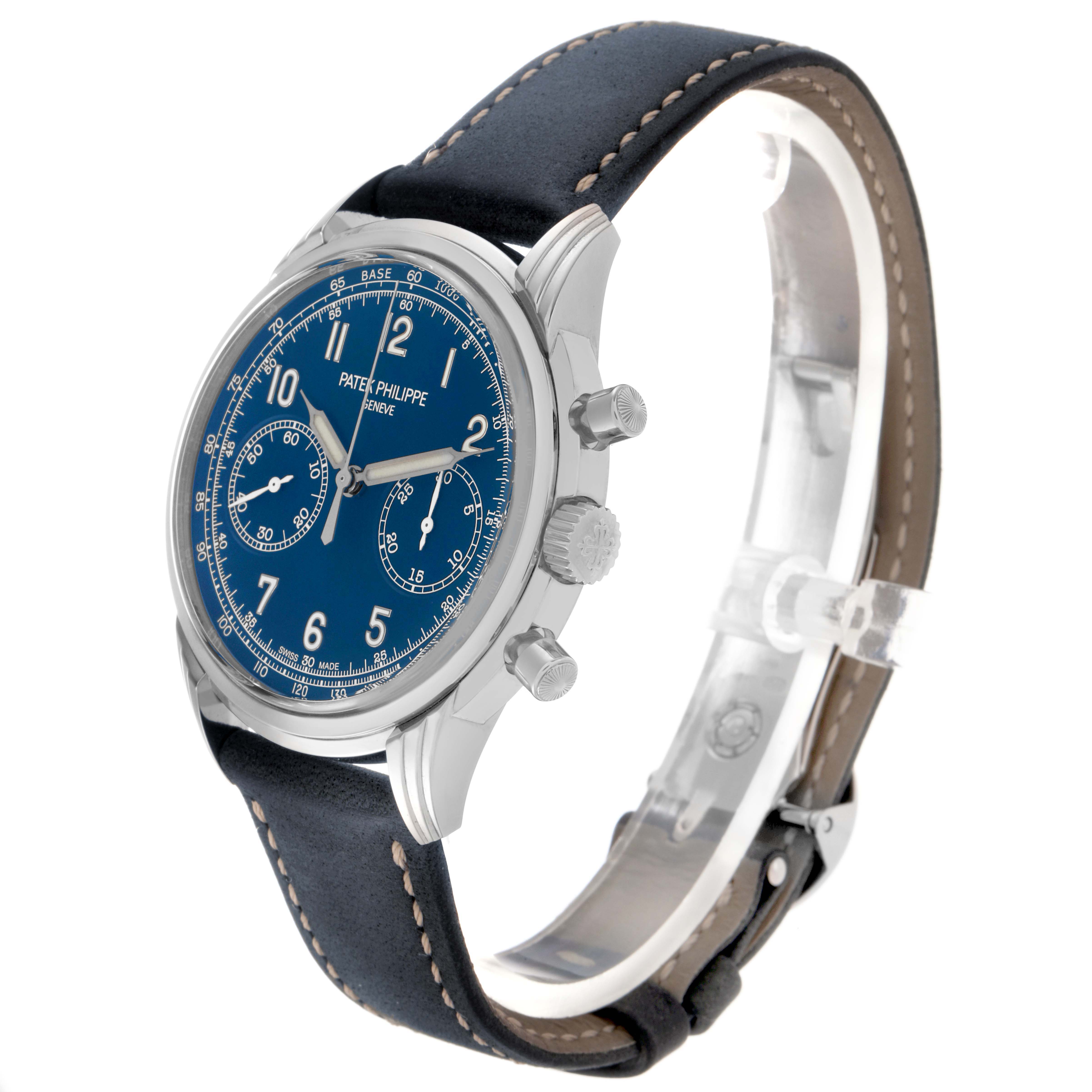 The Patek Philippe Complications 5172G-001 Men
s White Gold Blue Dial 5172G-001 Men
s White Gold Blue Dial watch is shown at a three-quarter angle highlighting the face, crown, pushers, and strap.