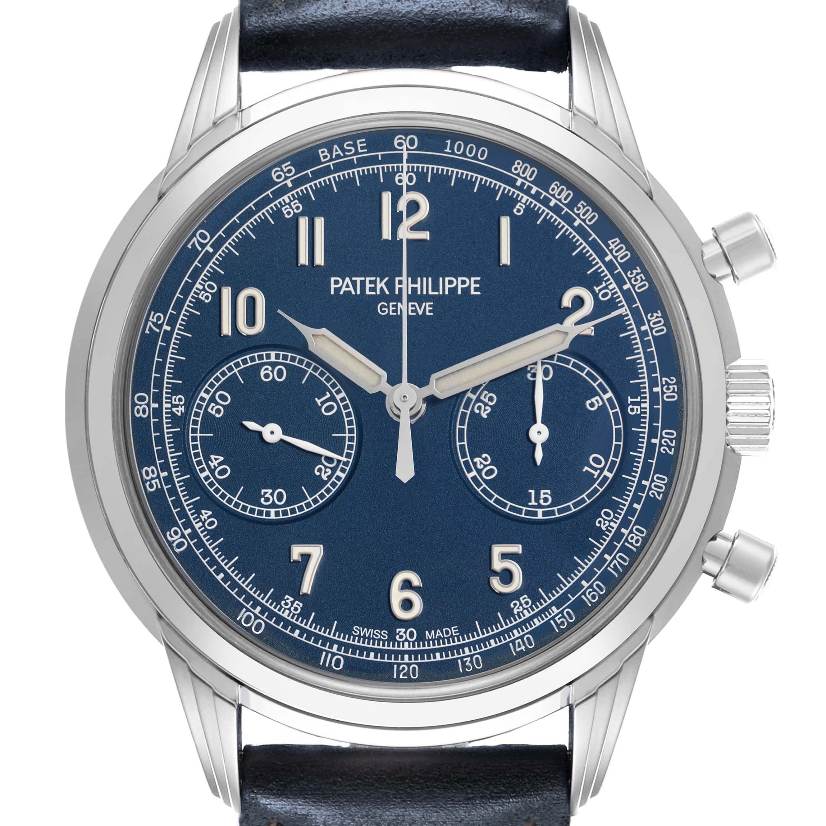 The image shows a frontal view of the Patek Philippe Complications 5172G-001 Men
s White Gold Blue Dial 5172G-001 Men
s White Gold Blue Dial watch, highlighting the dial, hands, subdials, and leather strap.