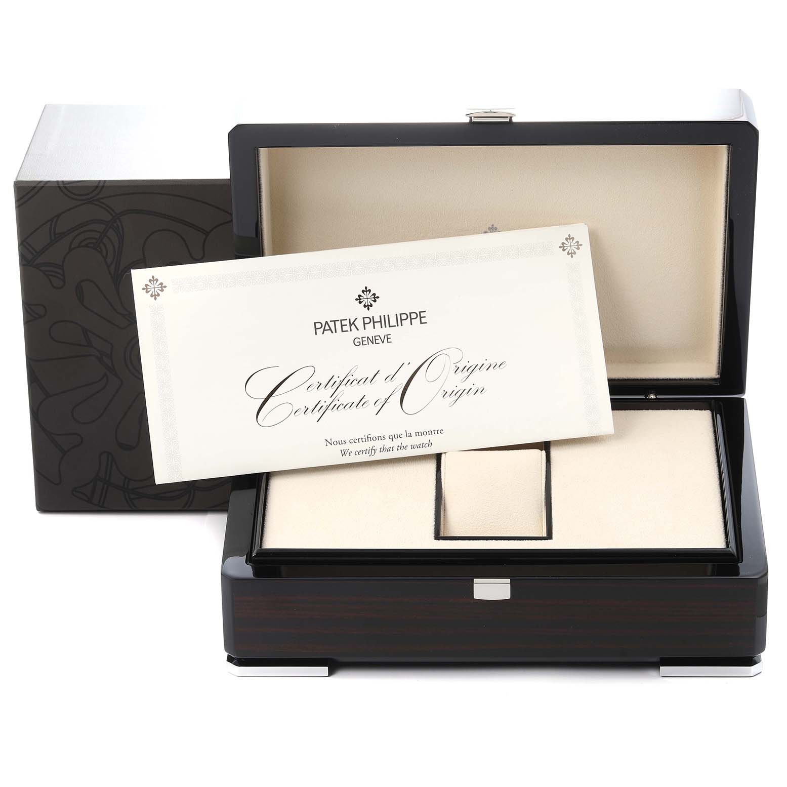 The image shows a Patek Philippe Complications 5172G-001 Men
s White Gold Blue Dial 5172G-001 Men
s White Gold Blue Dial watch box, open with a certificate of origin inside.