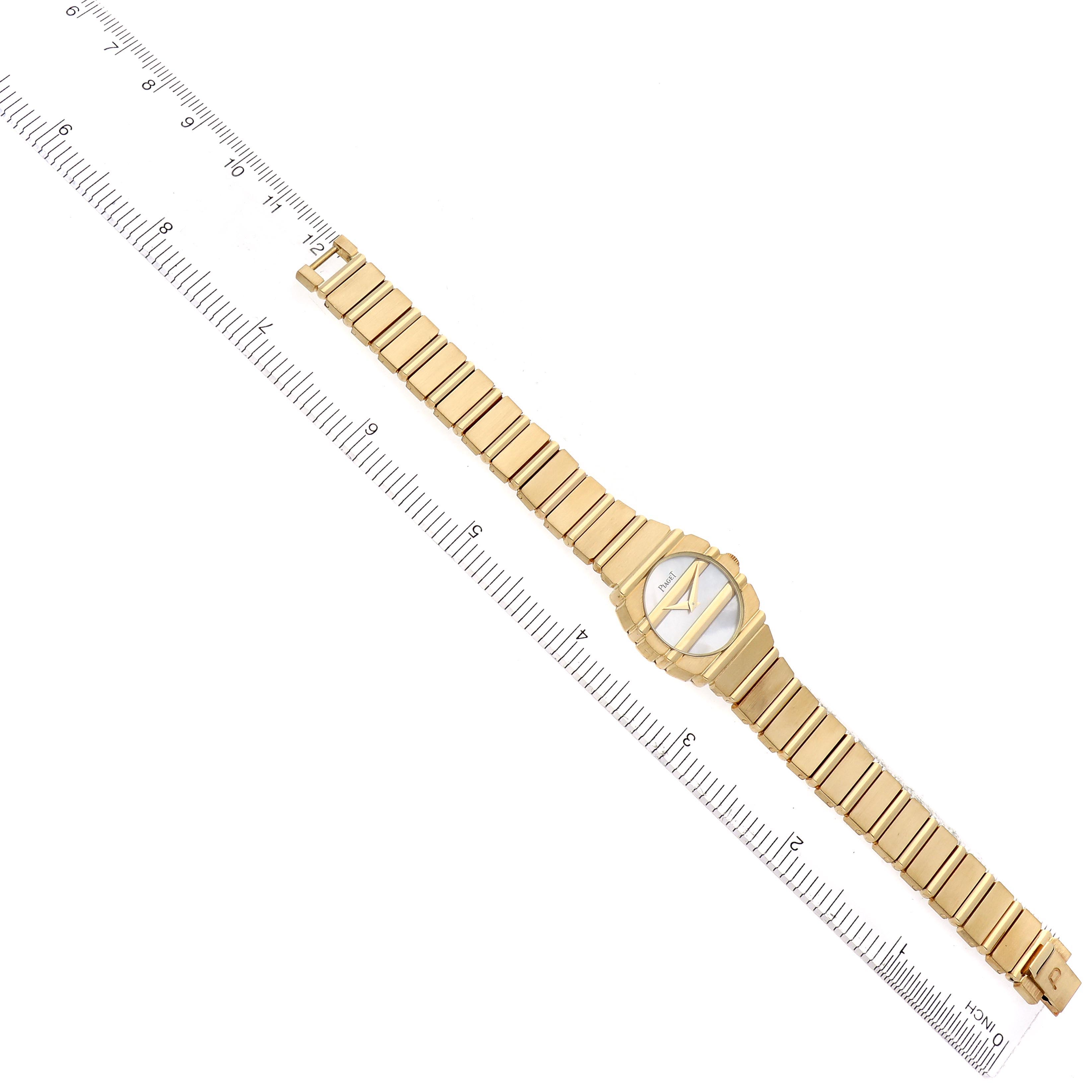 The Piaget 8610701 Women
s Yellow Gold Mother of Pearl Dial 8610701 Women
s Yellow Gold Mother of Pearl Dial Polo Yellow Gold Mother of Pearl Dial Ladies Watch 8610701 is shown at an overhead angle, displaying the full bracelet and face.