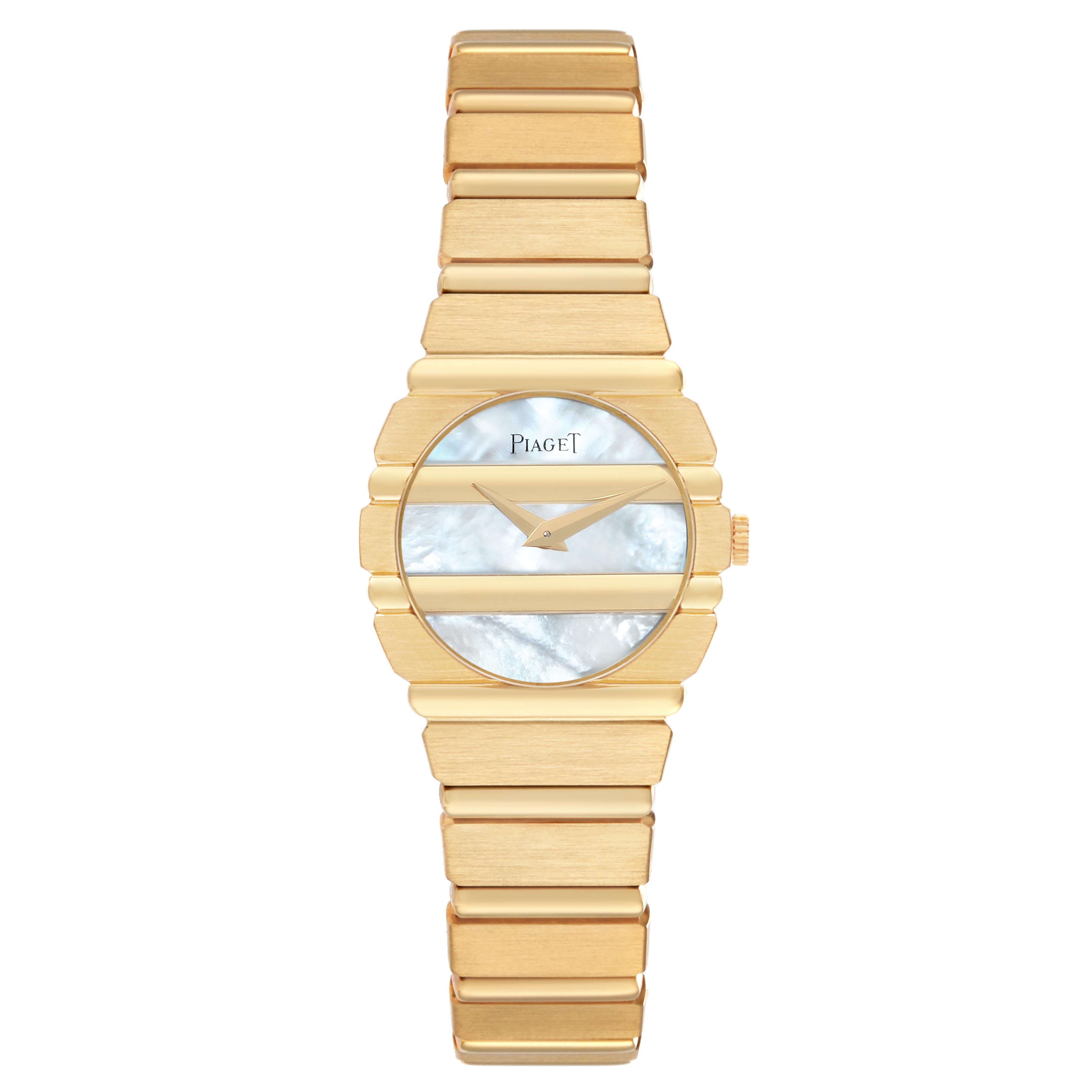 The Piaget 8610701 Women
s Yellow Gold Mother of Pearl Dial 8610701 Women
s Yellow Gold Mother of Pearl Dial Polo Yellow Gold Mother of Pearl Dial Ladies Watch 8610701 is shown from a front angle, displaying the gold bracelet and the mother-of-pearl dial.