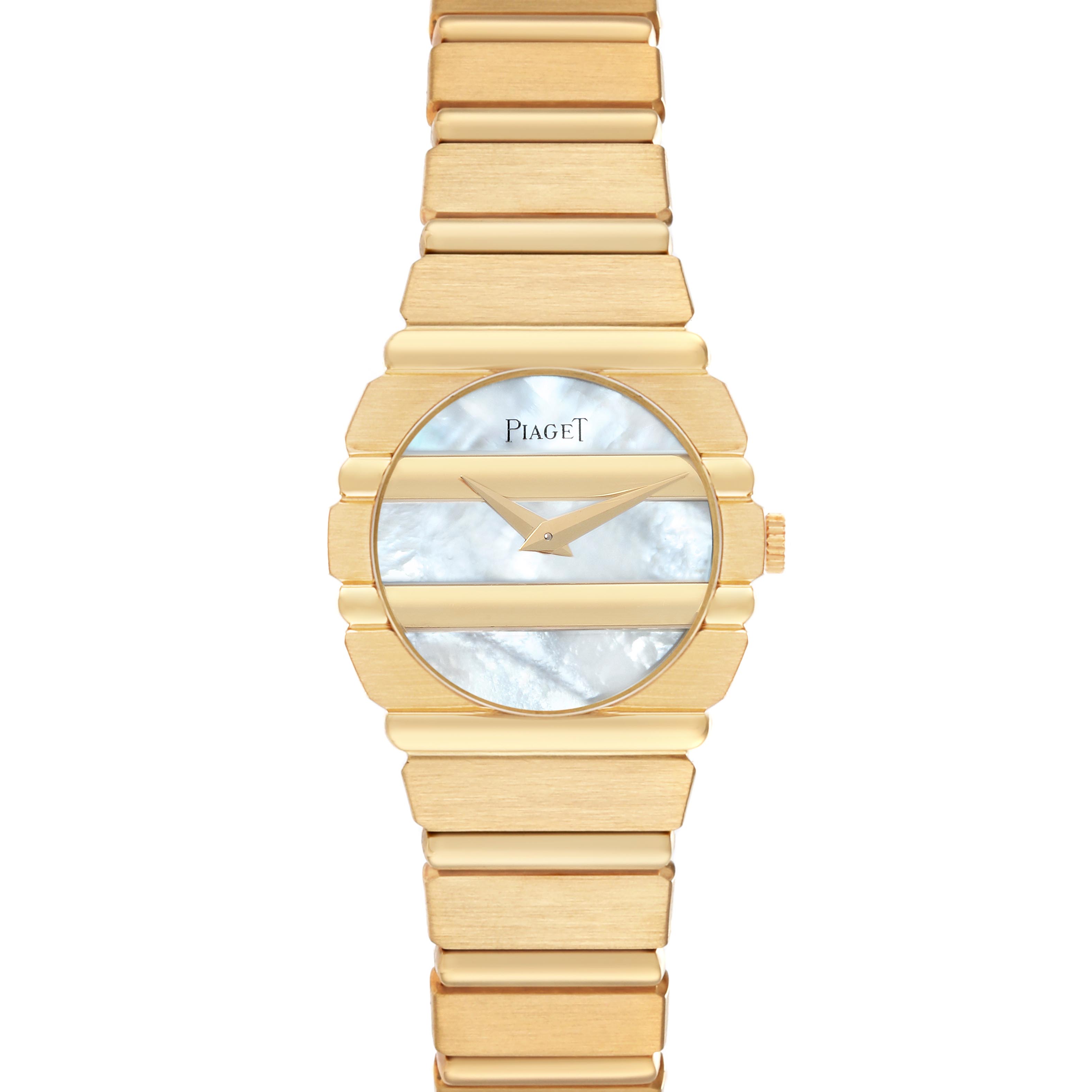 The Piaget 8610701 Women
s Yellow Gold Mother of Pearl Dial 8610701 Women
s Yellow Gold Mother of Pearl Dial Polo Yellow Gold Mother of Pearl Dial Ladies Watch 8610701 is shown from a top view, displaying the full dial and band.