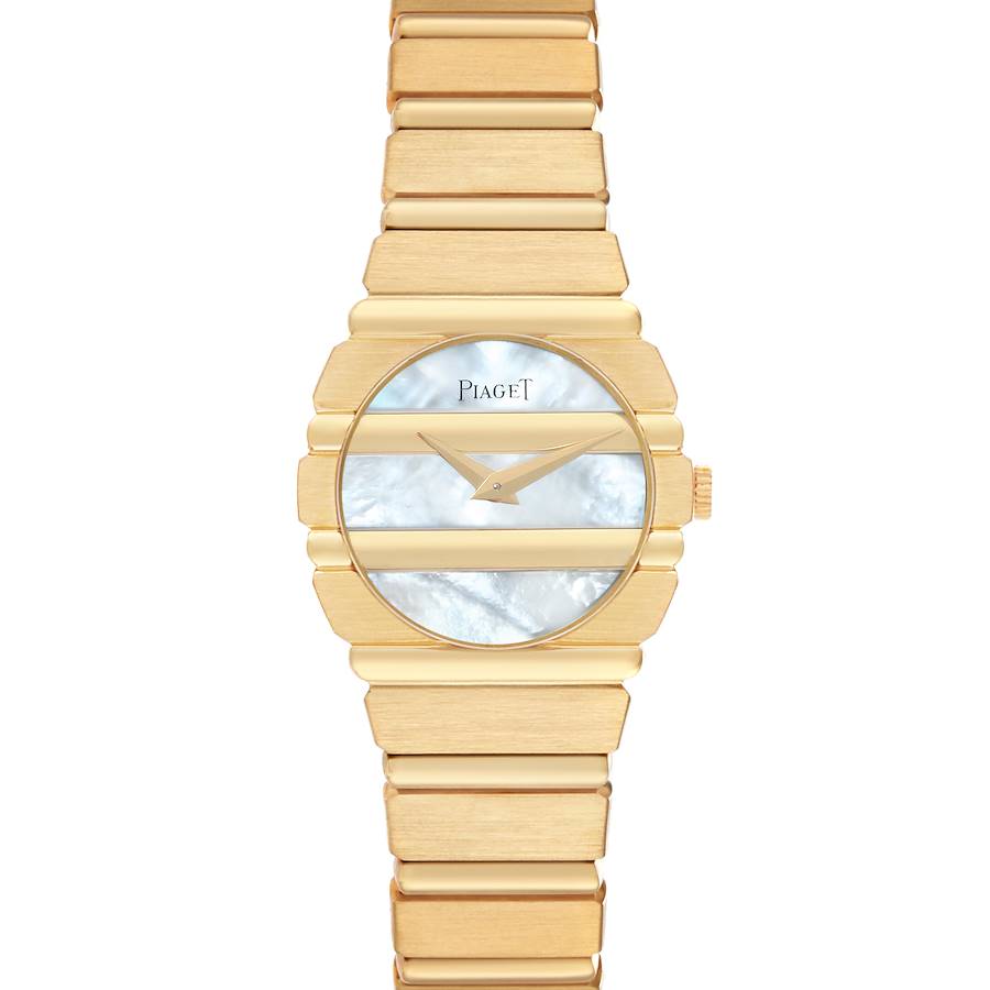 The Piaget Polo Yellow Gold Mother of Pearl Dial Ladies Watch 8610701 is shown from a top view, displaying the full dial and band.