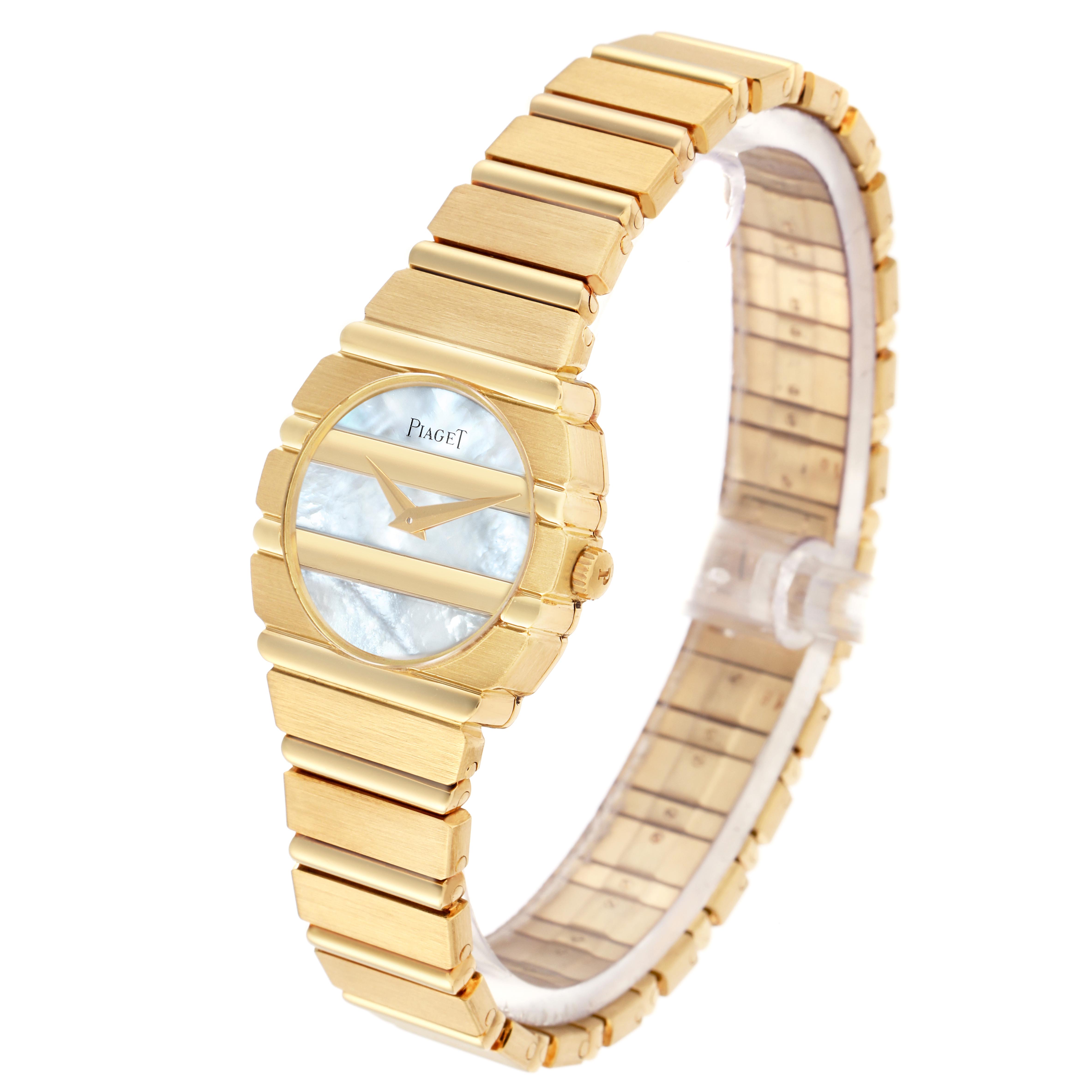 The Piaget 8610701 Women
s Yellow Gold Mother of Pearl Dial 8610701 Women
s Yellow Gold Mother of Pearl Dial Polo Yellow Gold Mother of Pearl Dial Ladies Watch 8610701 is shown at a three-quarter angle, highlighting the bracelet, case, and dial.