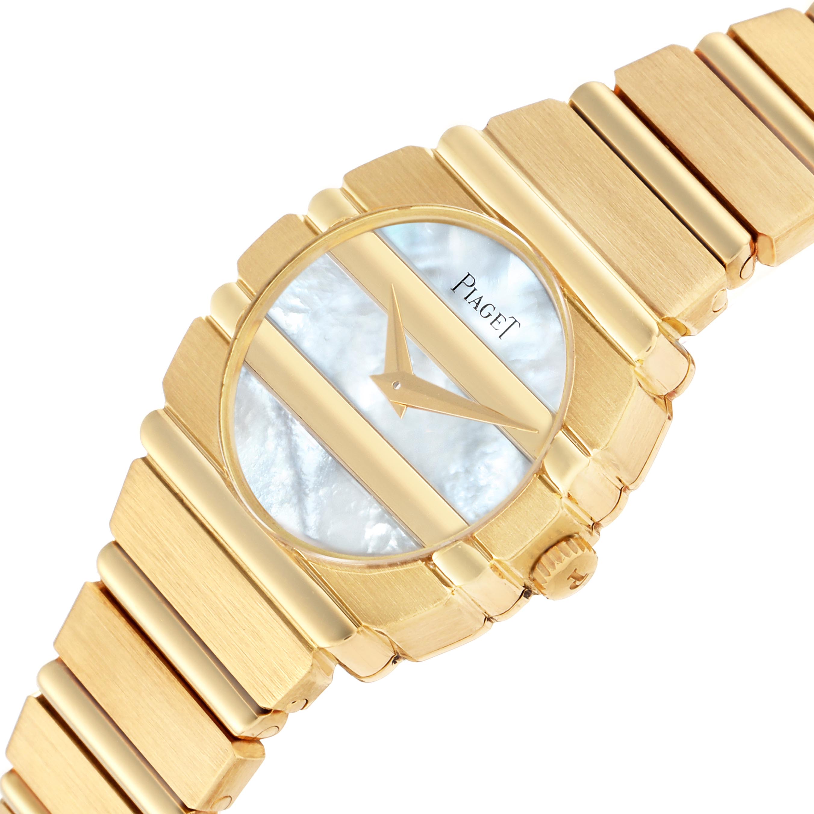 The Piaget 8610701 Women
s Yellow Gold Mother of Pearl Dial 8610701 Women
s Yellow Gold Mother of Pearl Dial Polo Yellow Gold Mother of Pearl Dial Ladies Watch model 8610701 is shown at an angle, highlighting the dial and bracelet.