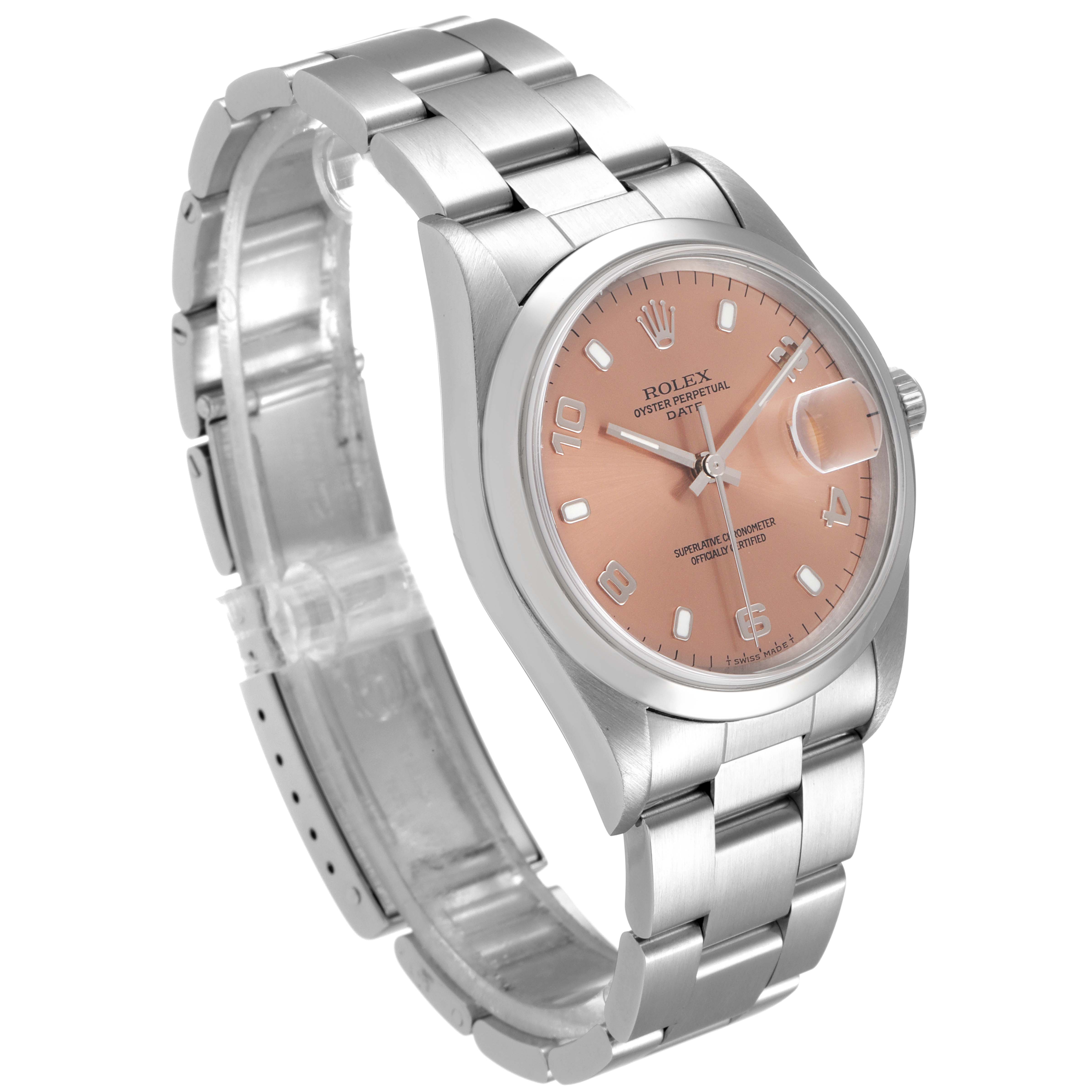 This image shows a Rolex Date 15200 Men's Stainless Steel Pink Dial 15200 Men's Stainless Steel Pink Dial model, angled to display its dial, case, and bracelet.