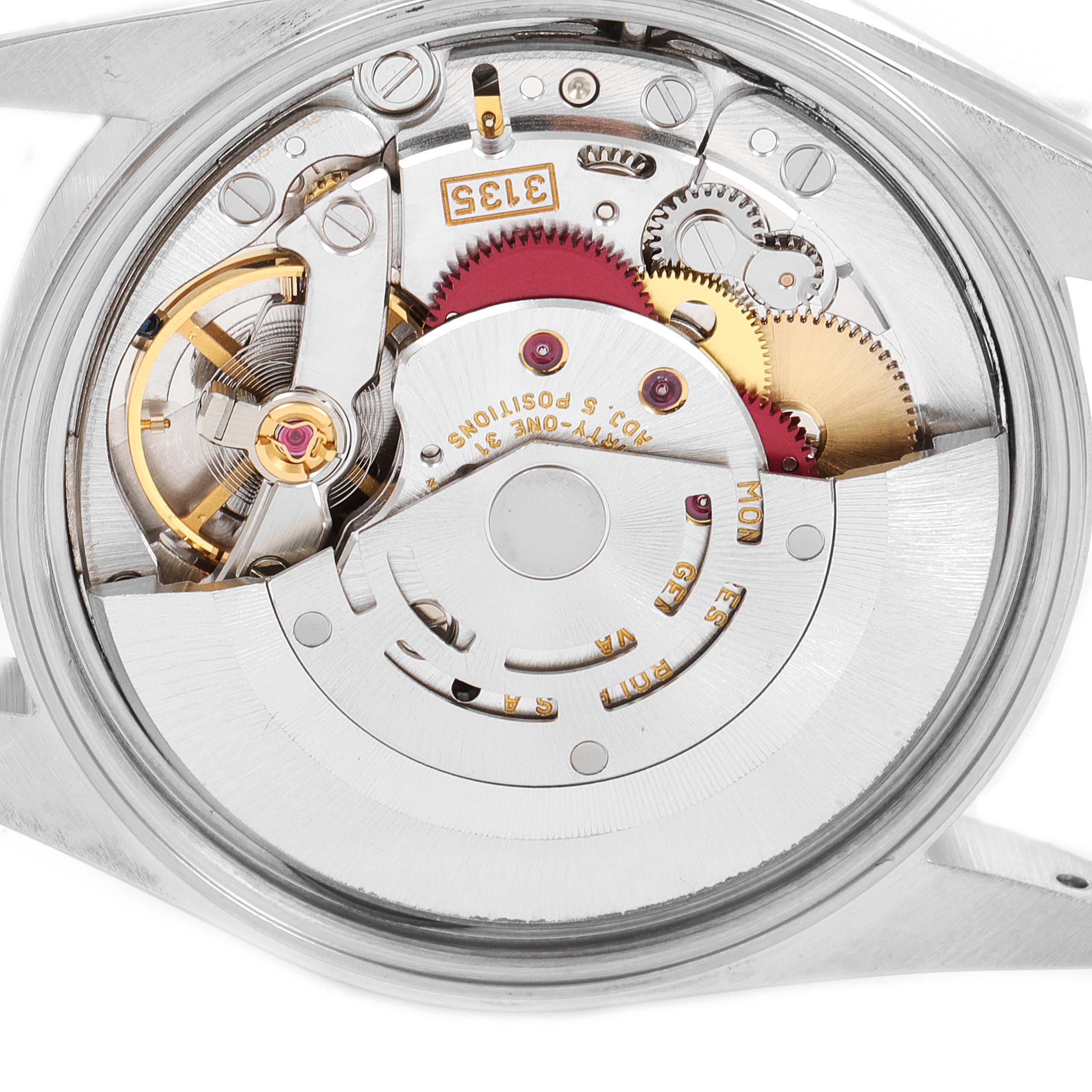 This image shows the back view of the movement mechanism in a Rolex Date 15200 Men's Stainless Steel Pink Dial 15200 Men's Stainless Steel Pink Dial model watch, revealing intricate gear and rotor components.