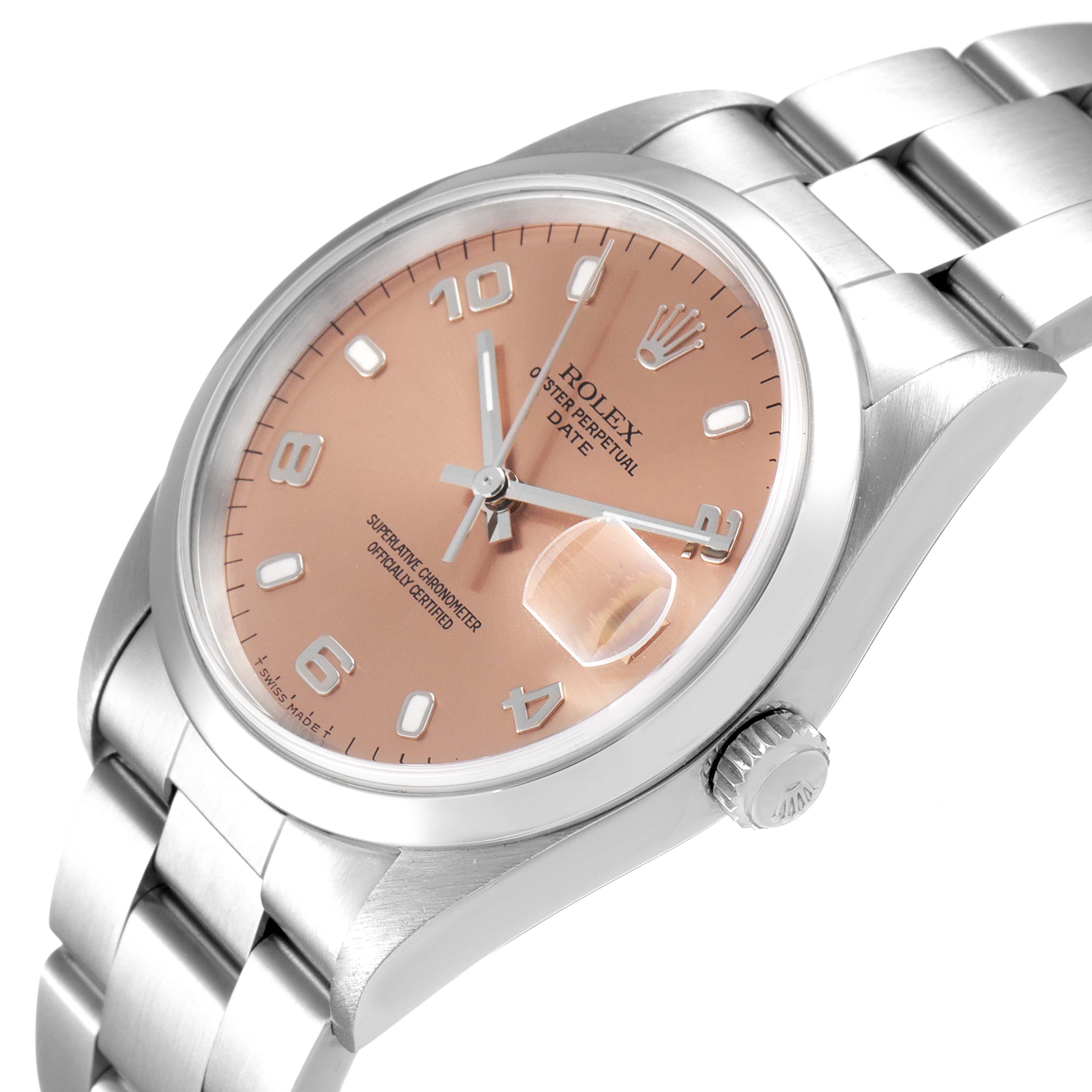 The image shows a close-up, slightly angled view of a Rolex Date 15200 Men's Stainless Steel Pink Dial 15200 Men's Stainless Steel Pink Dial model watch, highlighting its dial, hands, crown, and bracelet.
