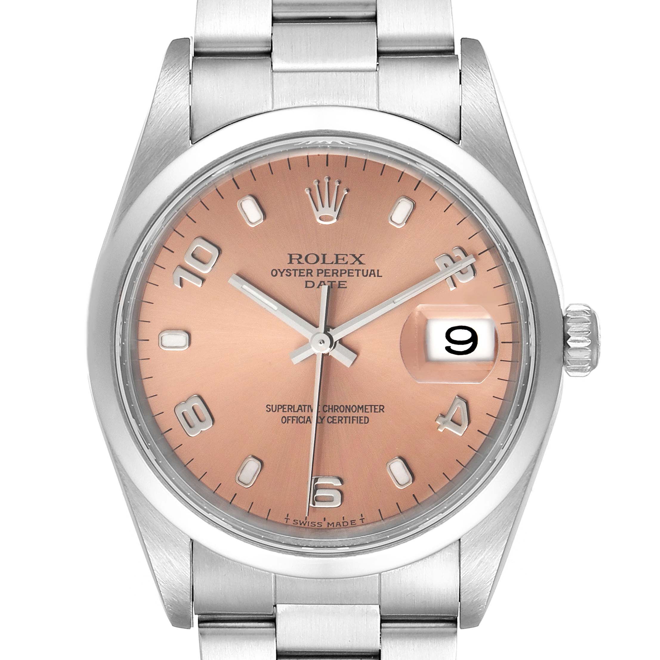 This image shows a front view of a Rolex Date 15200 Men's Stainless Steel Pink Dial 15200 Men's Stainless Steel Pink Dial model watch, displaying its pink dial, date window, and stainless steel bracelet.