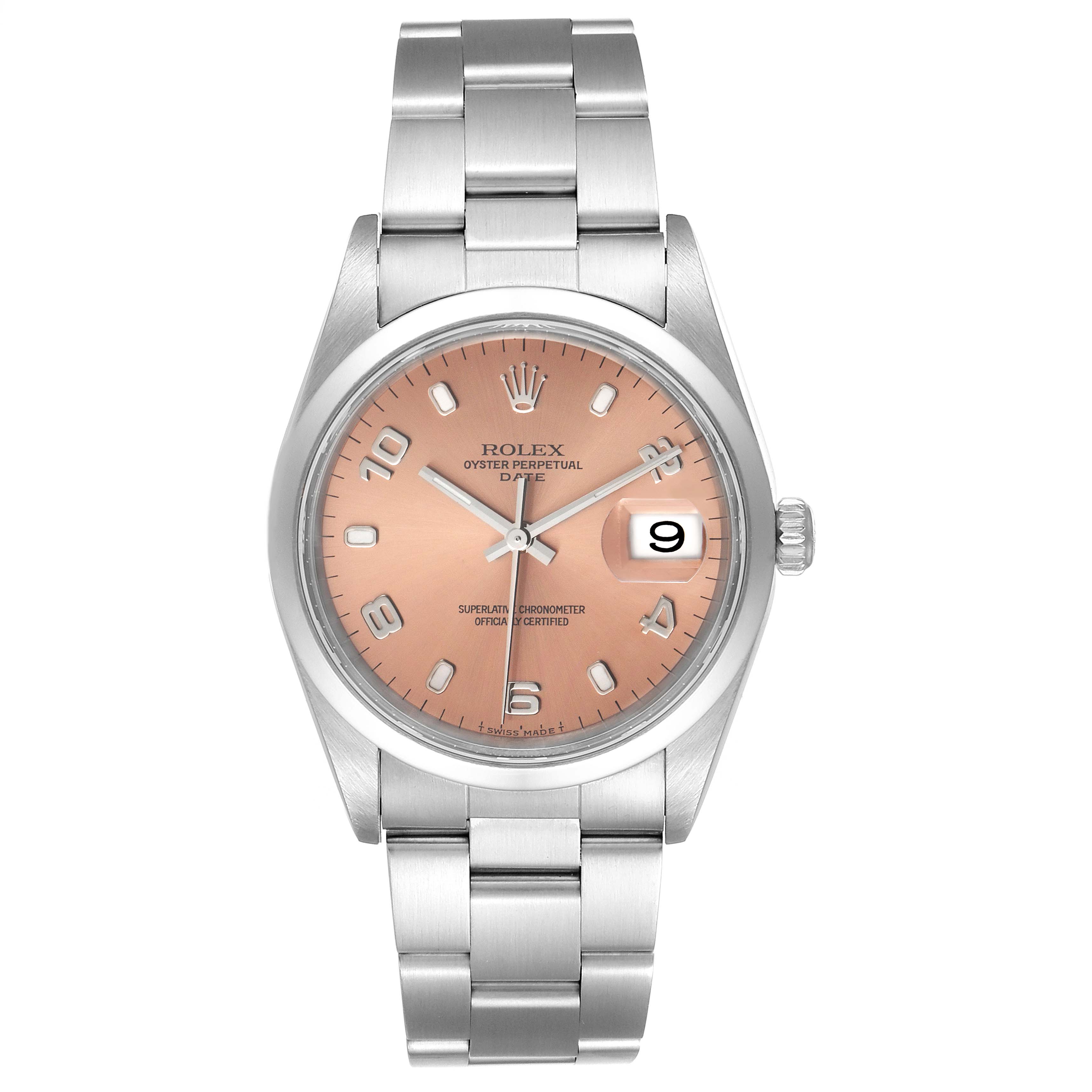This image shows a front view of a Rolex Date 15200 Men's Stainless Steel Pink Dial 15200 Men's Stainless Steel Pink Dial model watch with a silver bracelet and a peach-colored dial.