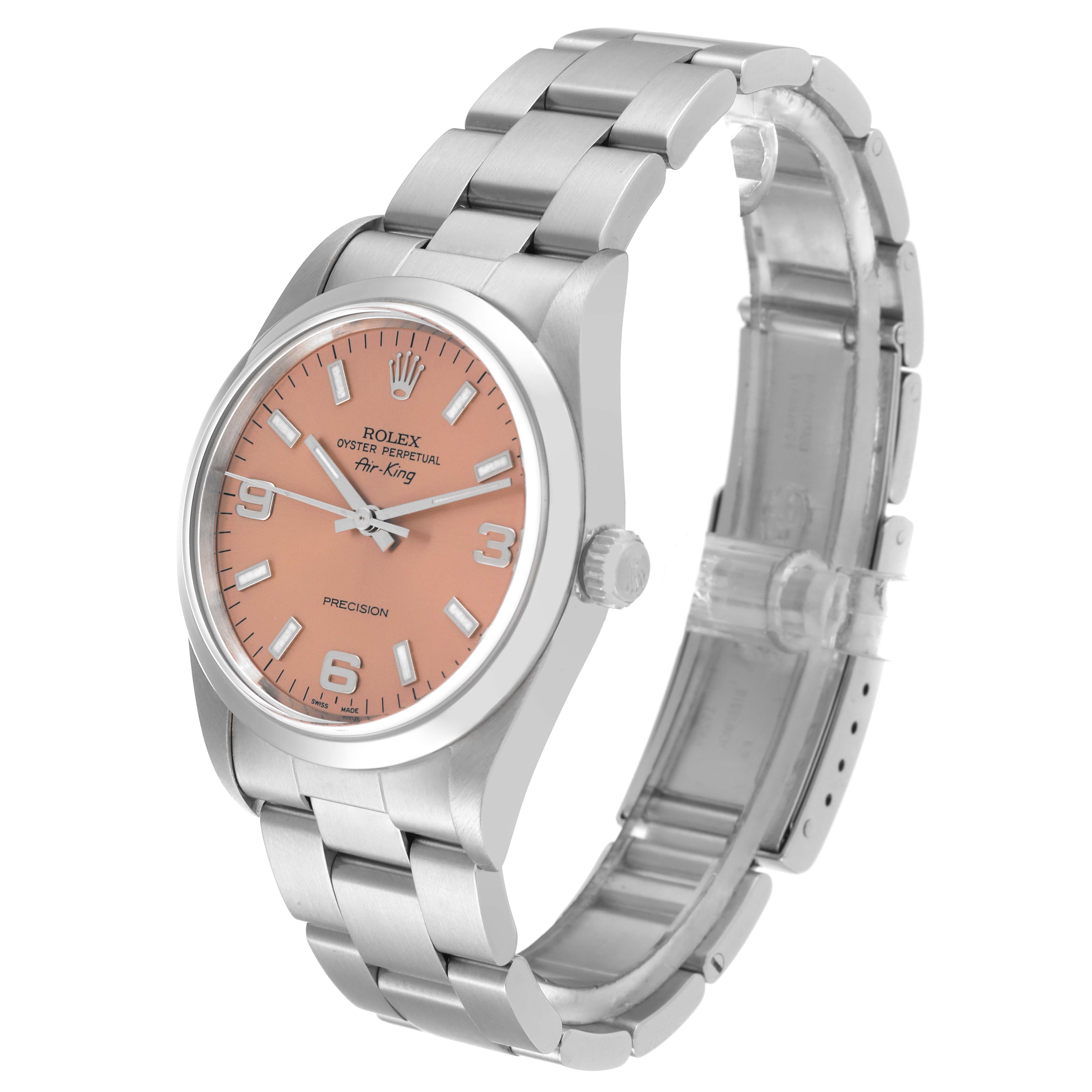 The Rolex Air-King 14000 Men's Stainless Steel Pink Dial 14000 Men's Stainless Steel Pink Dial watch is displayed at a three-quarter angle, showing the face, bezel, crown, and part of the bracelet.