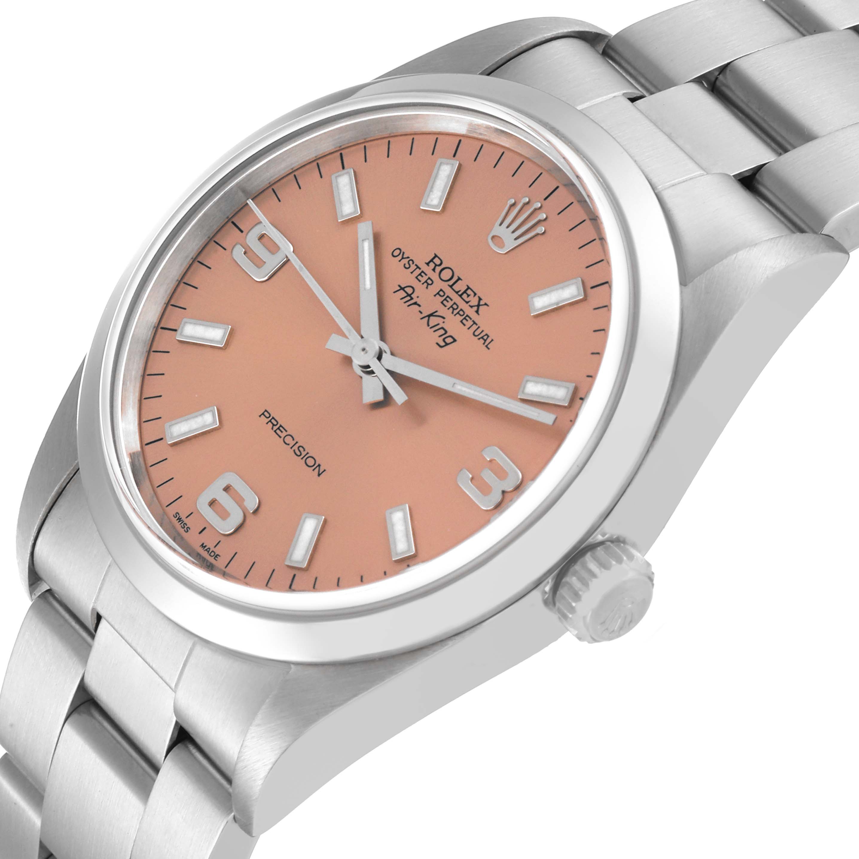 The image shows a close-up angled view of the Rolex Air-King 14000 Men's Stainless Steel Pink Dial 14000 Men's Stainless Steel Pink Dial watch, highlighting the dial and part of the bracelet.