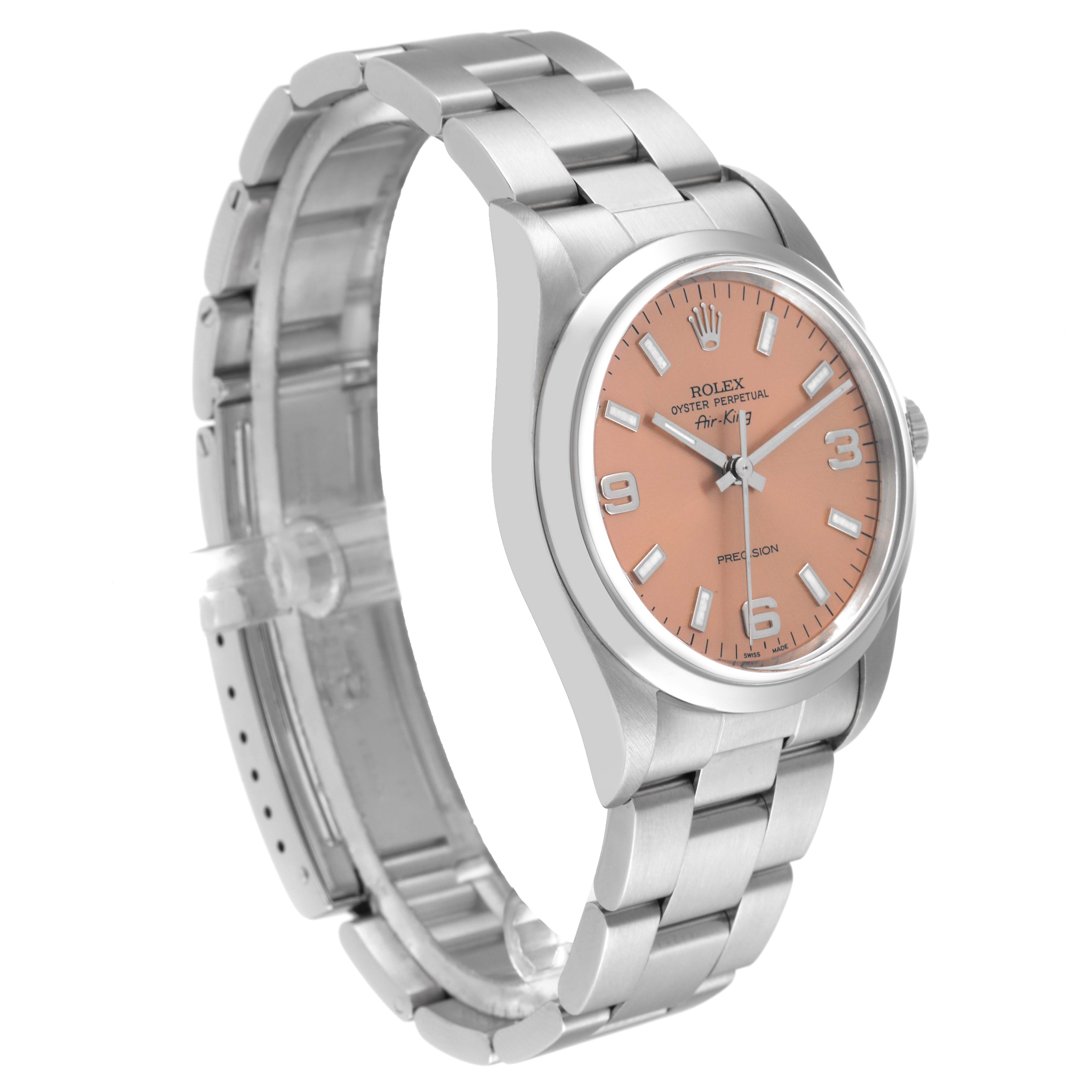 The Rolex Air-King 14000 Men's Stainless Steel Pink Dial 14000 Men's Stainless Steel Pink Dial watch is shown at a three-quarter angle, revealing its pink dial, stainless steel case, and bracelet.