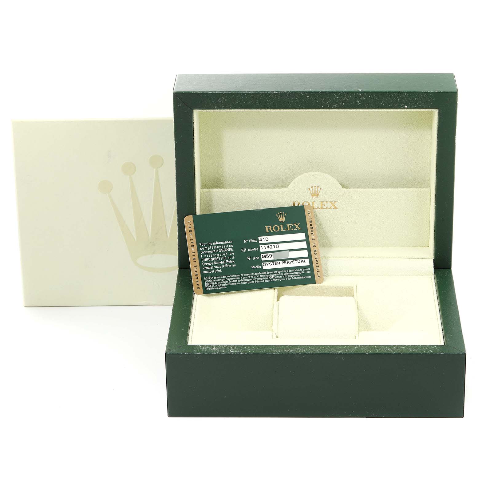 The image shows the box and an authenticity card for the Rolex Air-King 114210 Men's Stainless Steel Blue Dial 114210 Men's Stainless Steel Blue Dial watch.