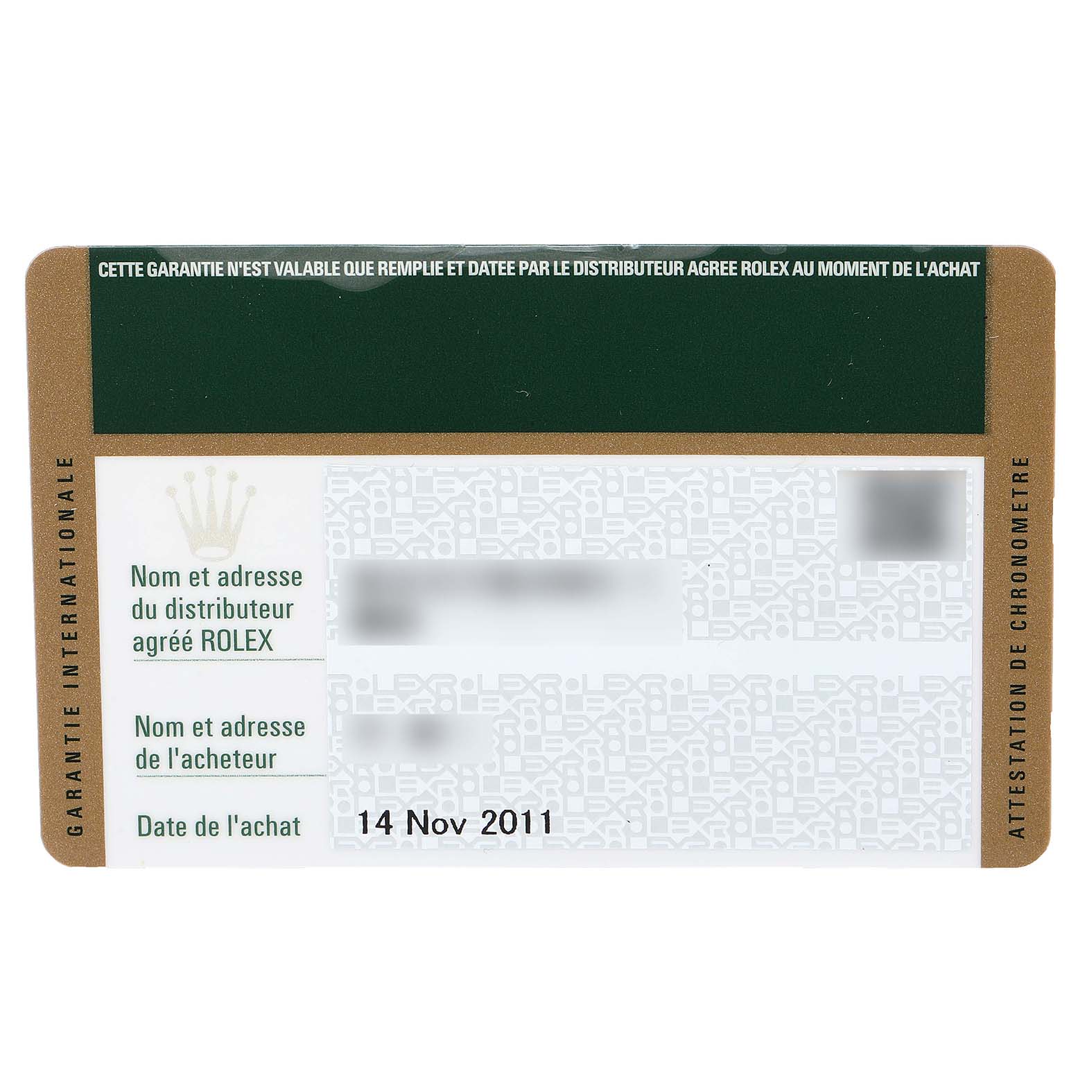 This image shows the warranty card for the Rolex Air-King 114210 Men's Stainless Steel Blue Dial 114210 Men's Stainless Steel Blue Dial model, detailing purchase information.