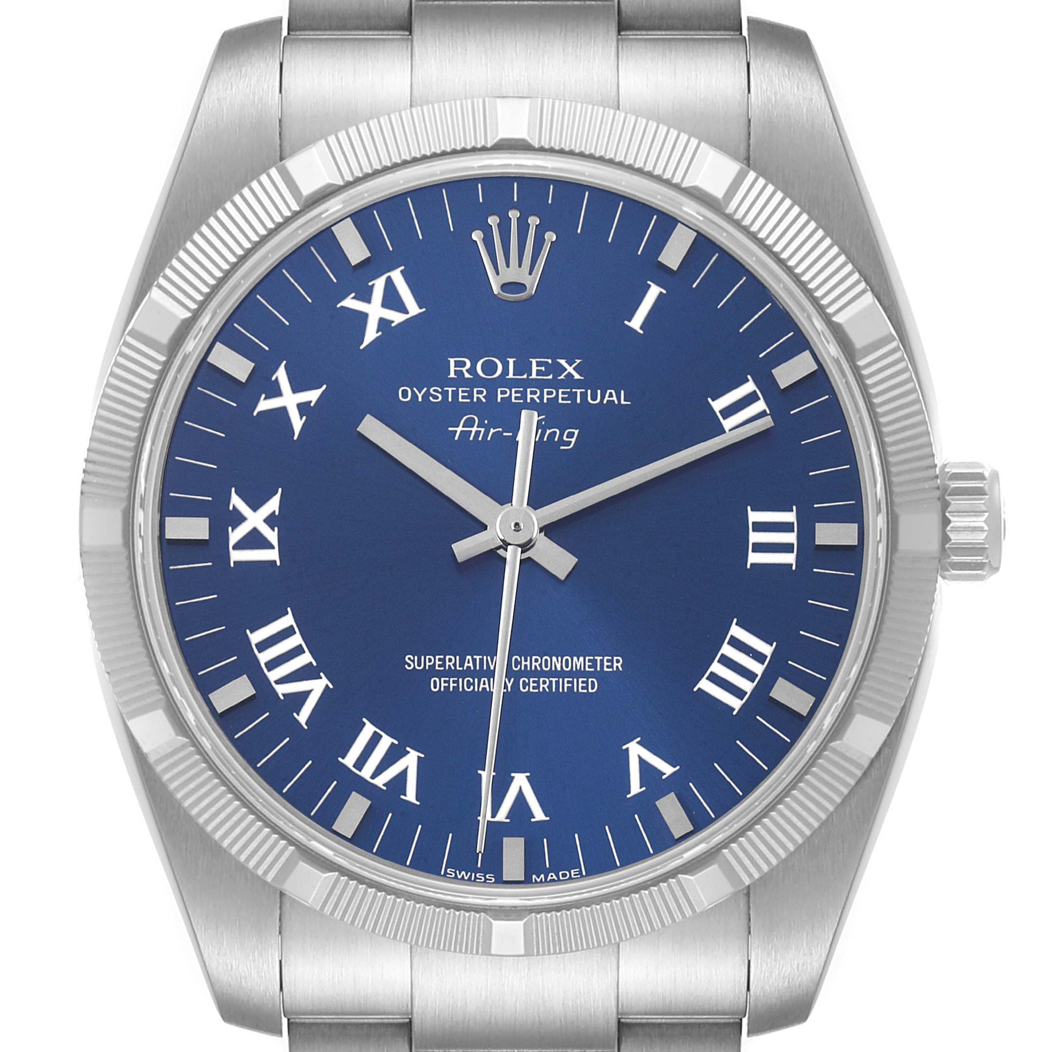 This Rolex Air-King 114210 Men's Stainless Steel Blue Dial 114210 Men's Stainless Steel Blue Dial watch is shown from the front, highlighting the dial, bezel, crown, and part of the bracelet.