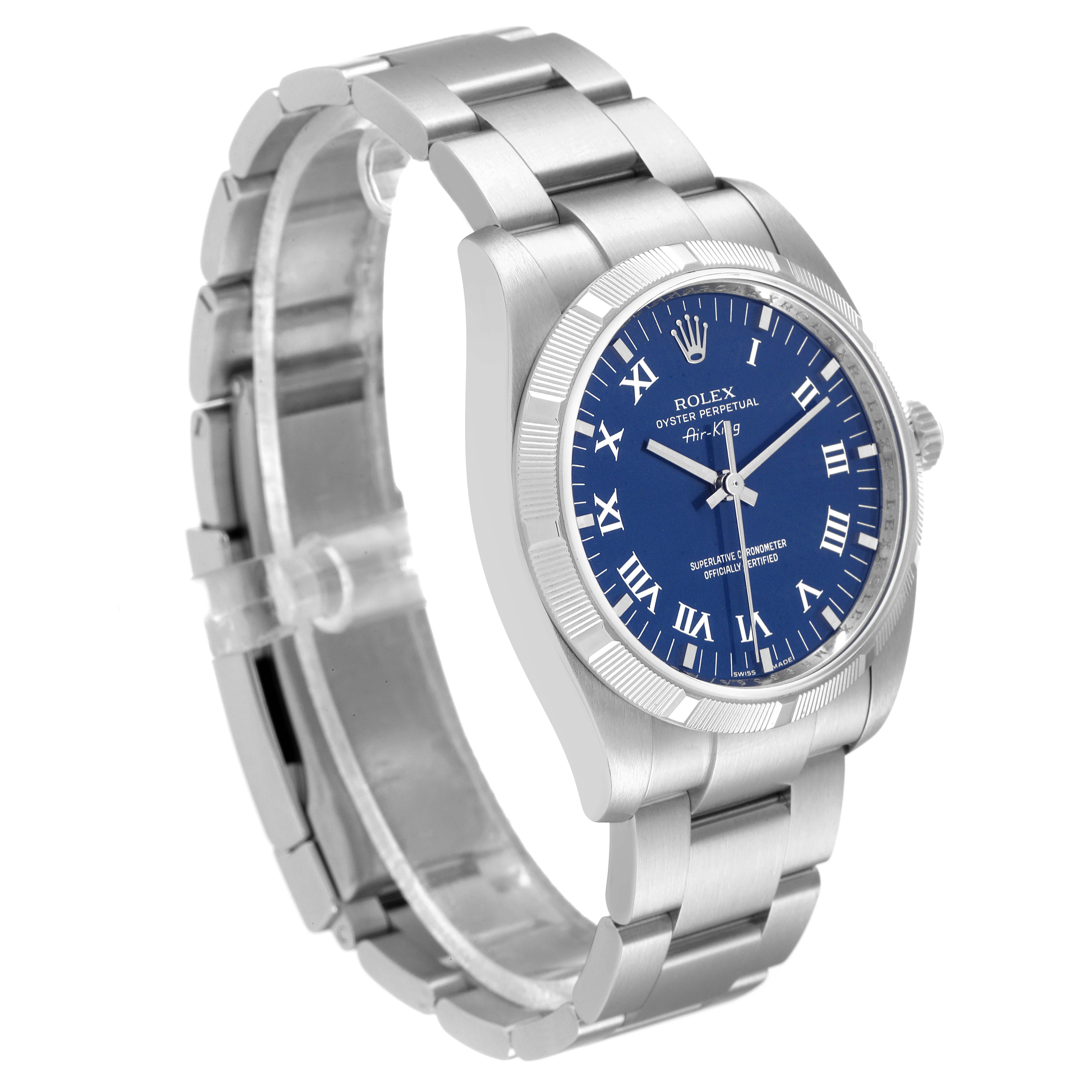 The image shows a Rolex Air-King 114210 Men's Stainless Steel Blue Dial 114210 Men's Stainless Steel Blue Dial watch from a 3/4 angle, highlighting its blue dial, bracelet, and bezel.