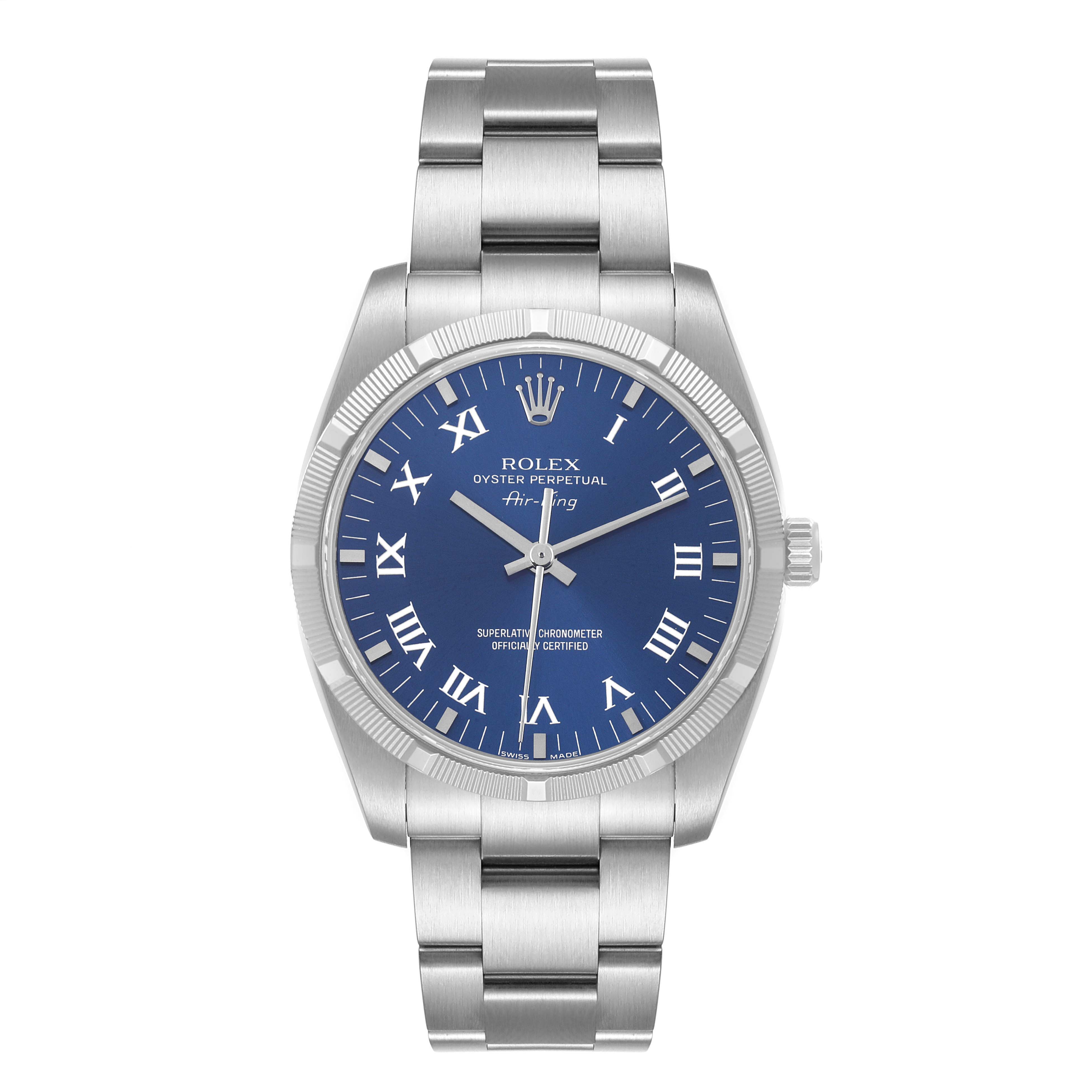 The image shows the front view of a Rolex Air-King 114210 Men's Stainless Steel Blue Dial 114210 Men's Stainless Steel Blue Dial watch, featuring its dial, hands, bracelet, and crown.