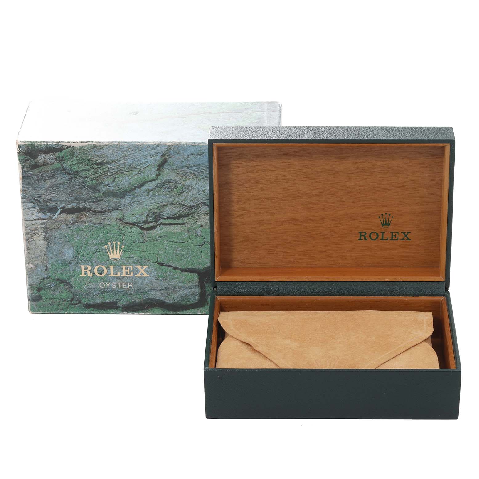 The image shows an open Rolex Air-King 14010 Men's Stainless Steel Silver Dial 14010 Men's Stainless Steel Silver Dial watch box with the outer packaging and an inner suede pouch.