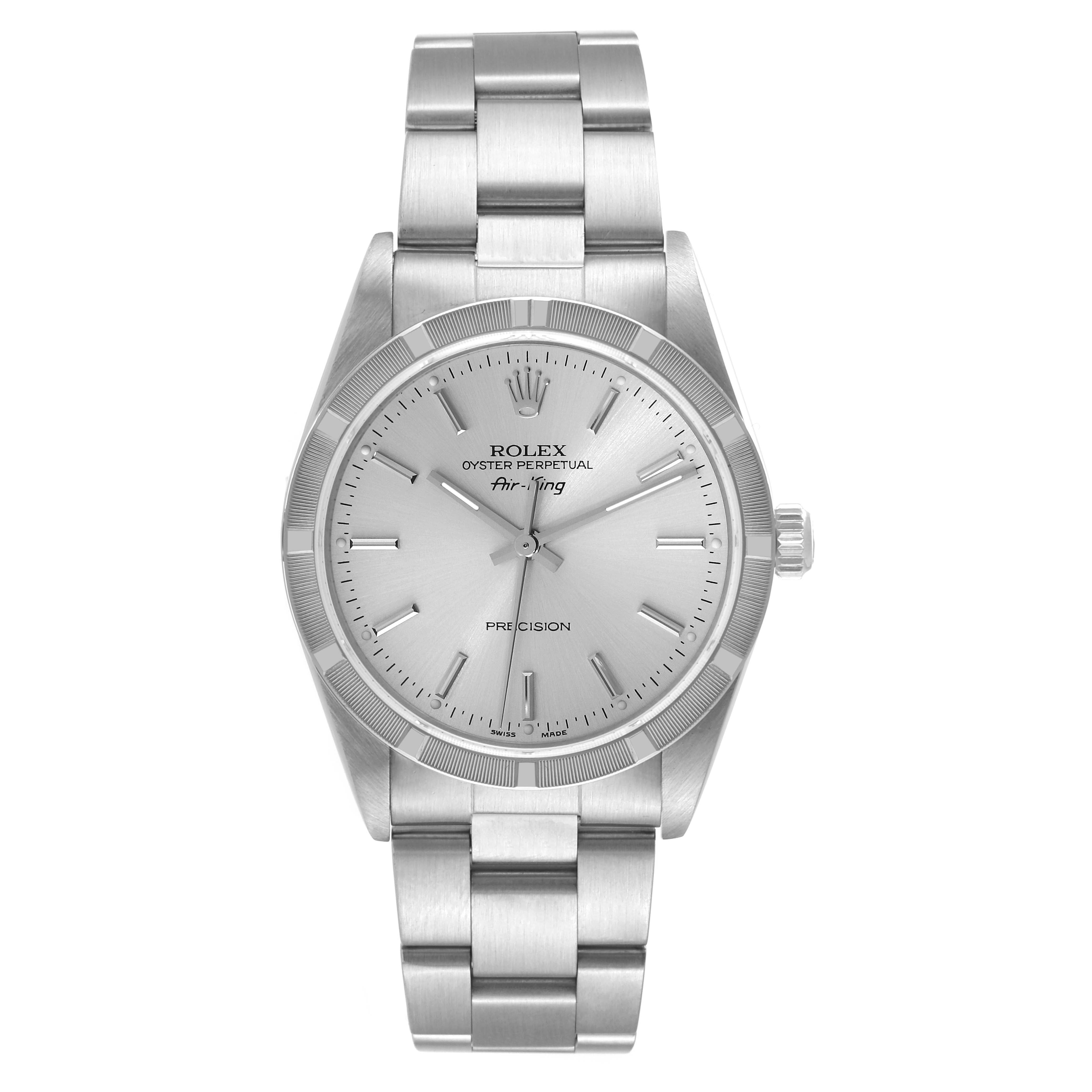 The image shows a front view of the Rolex Air-King 14010 Men's Stainless Steel Silver Dial 14010 Men's Stainless Steel Silver Dial watch, featuring the dial, bezel, bracelet, and crown.