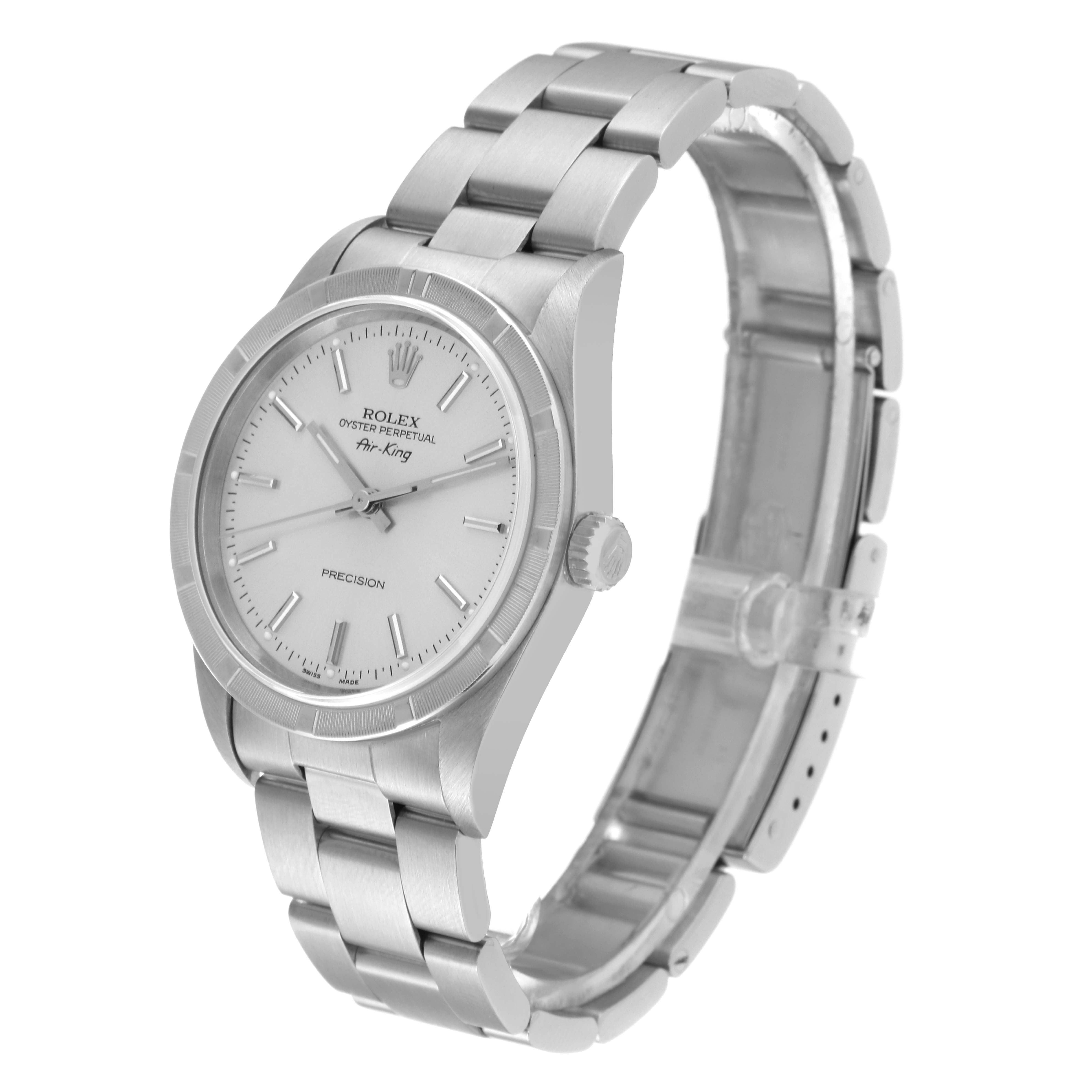 The image shows a Rolex Air-King 14010 Men's Stainless Steel Silver Dial 14010 Men's Stainless Steel Silver Dial watch angled from the top left, displaying the face, crown, and band.
