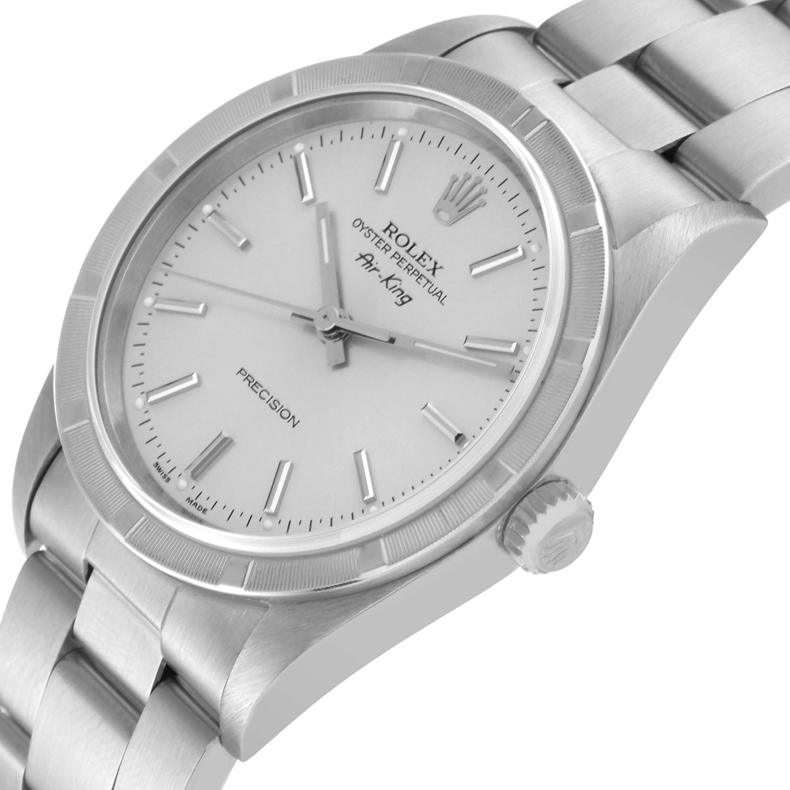 The image shows a close-up angled view of the Rolex Air-King 14010 Men's Stainless Steel Silver Dial 14010 Men's Stainless Steel Silver Dial watch, focusing on the crown, face, and part of the band.