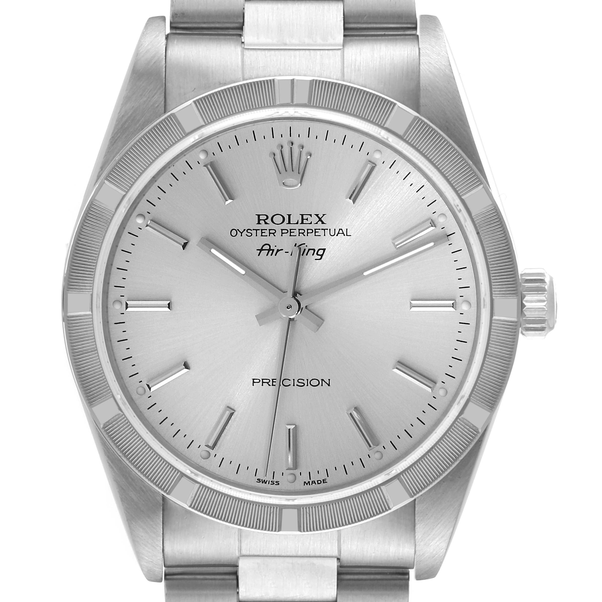 This image shows a front view of the silver dial and bracelet of a Rolex Air-King 14010 Men's Stainless Steel Silver Dial 14010 Men's Stainless Steel Silver Dial watch.