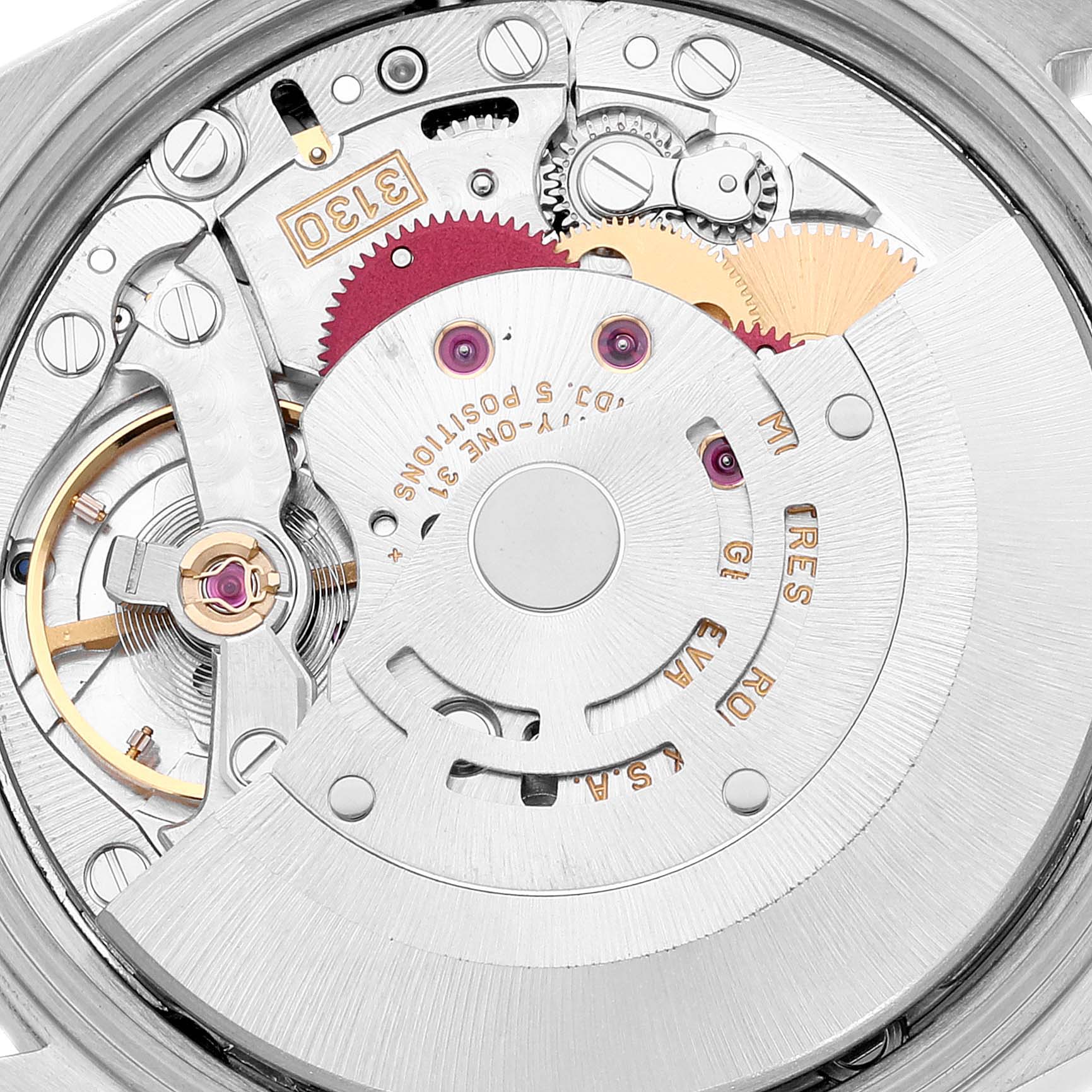 The image shows an up-close view of the movement mechanism inside a Rolex Air-King 14010 Men's Stainless Steel Silver Dial 14010 Men's Stainless Steel Silver Dial watch.
