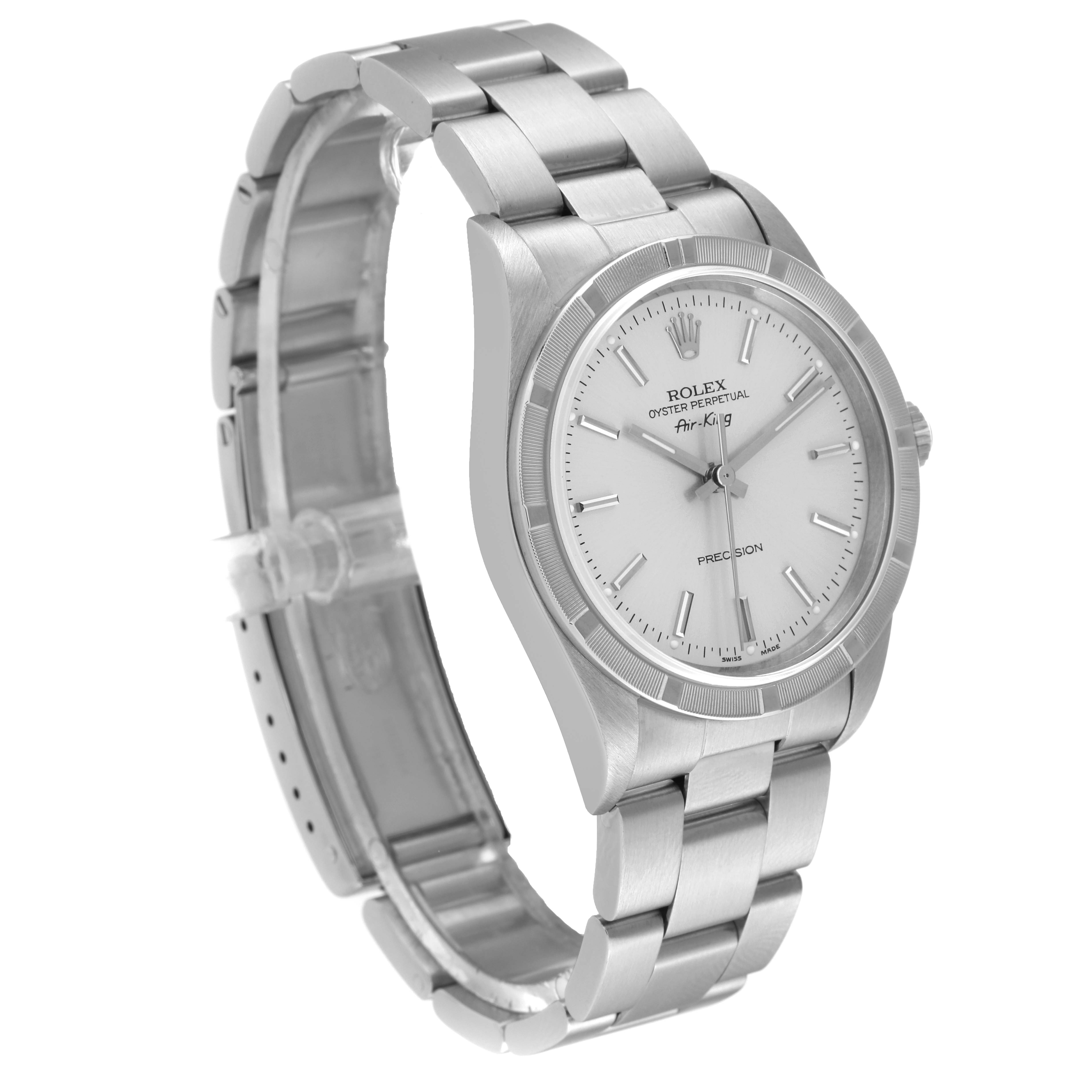 The Rolex Air-King 14010 Men's Stainless Steel Silver Dial 14010 Men's Stainless Steel Silver Dial is shown at a three-quarter angle, highlighting the dial, bezel, crown, and bracelet.