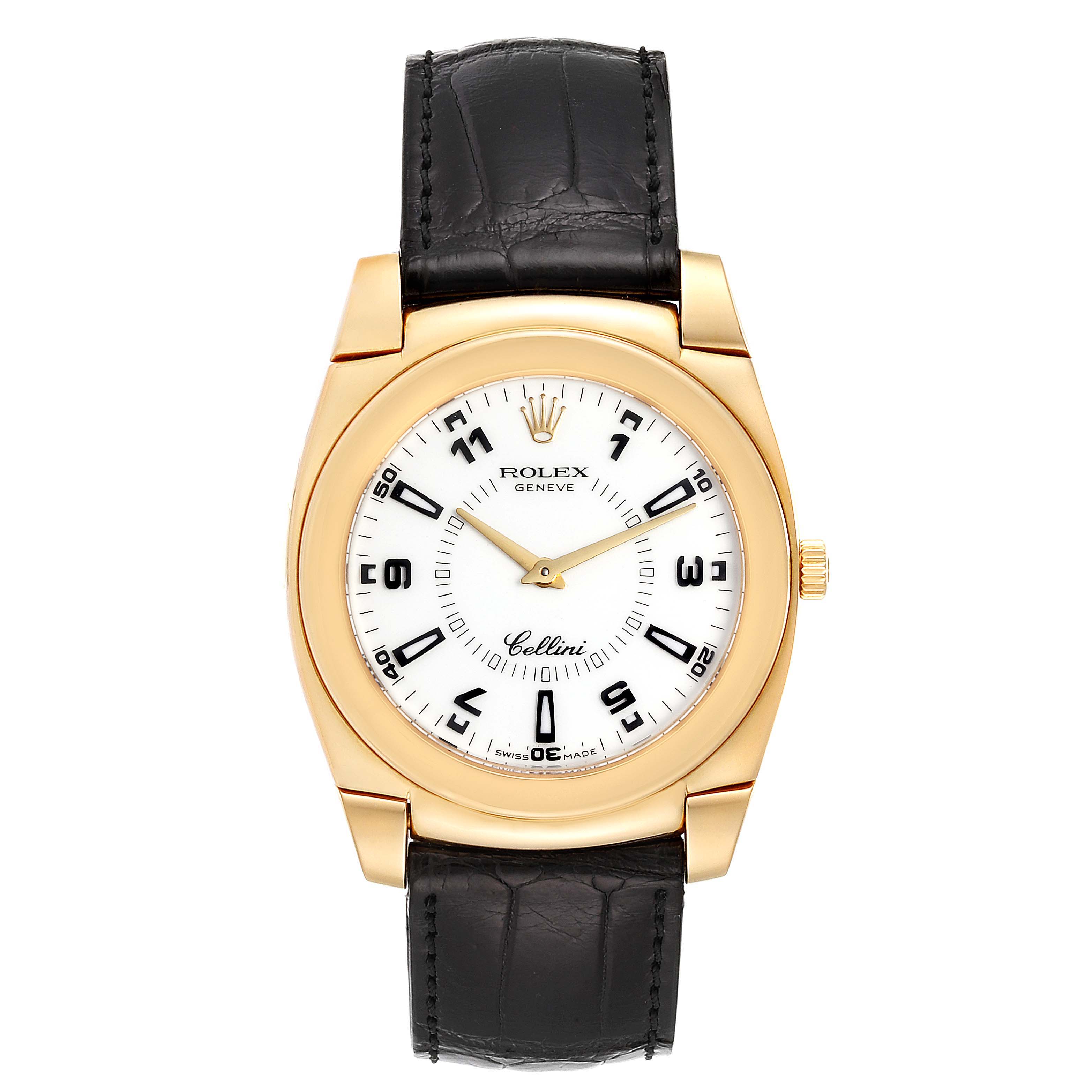 The Rolex Cellini 5330 Men's Yellow Gold White Dial 5330 Men's Yellow Gold White Dial watch is shown from a top-down angle, highlighting its dial, casing, and leather strap.
