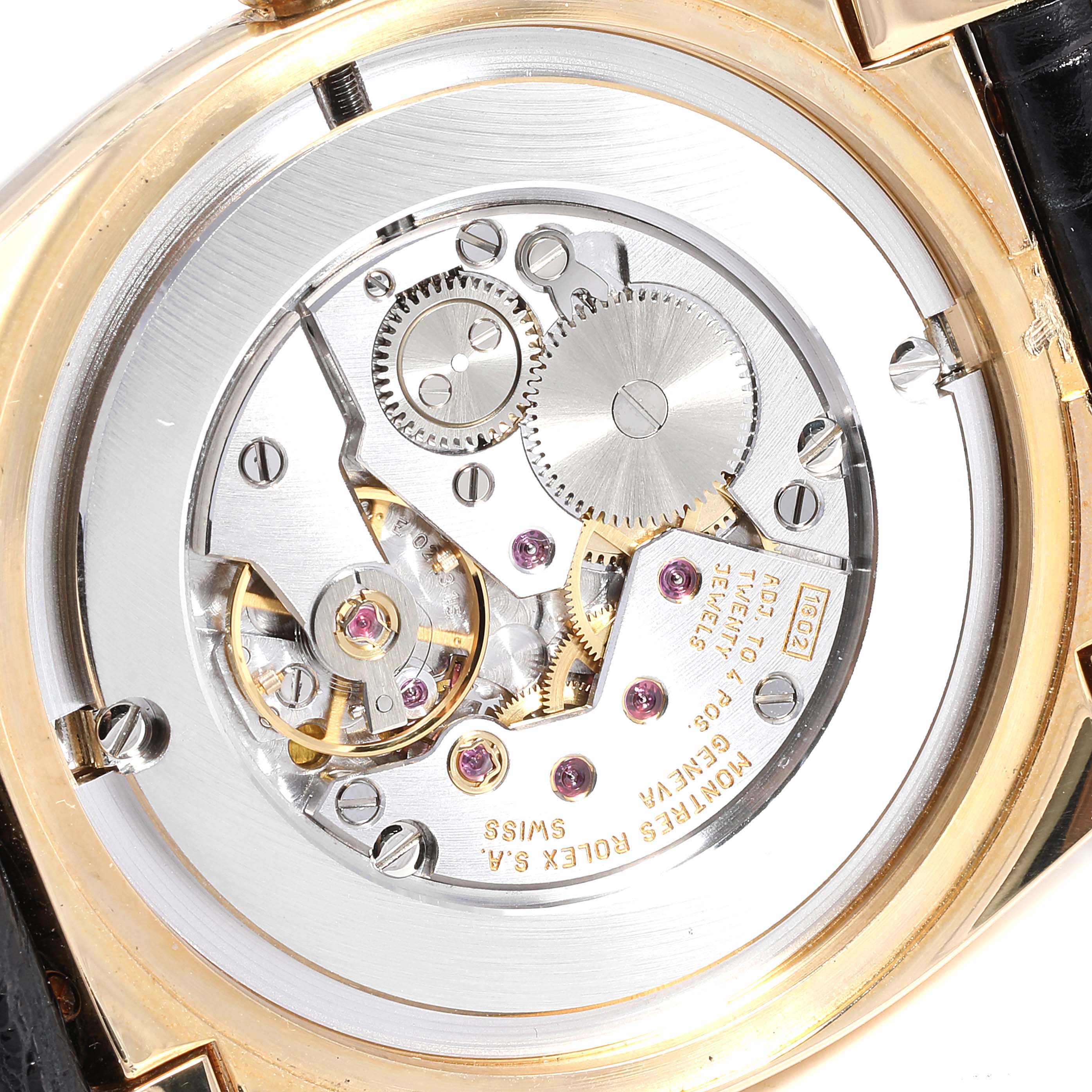 This image shows a close-up of the movement and internal mechanics of a Rolex Cellini 5330 Men's Yellow Gold White Dial 5330 Men's Yellow Gold White Dial watch from the back.