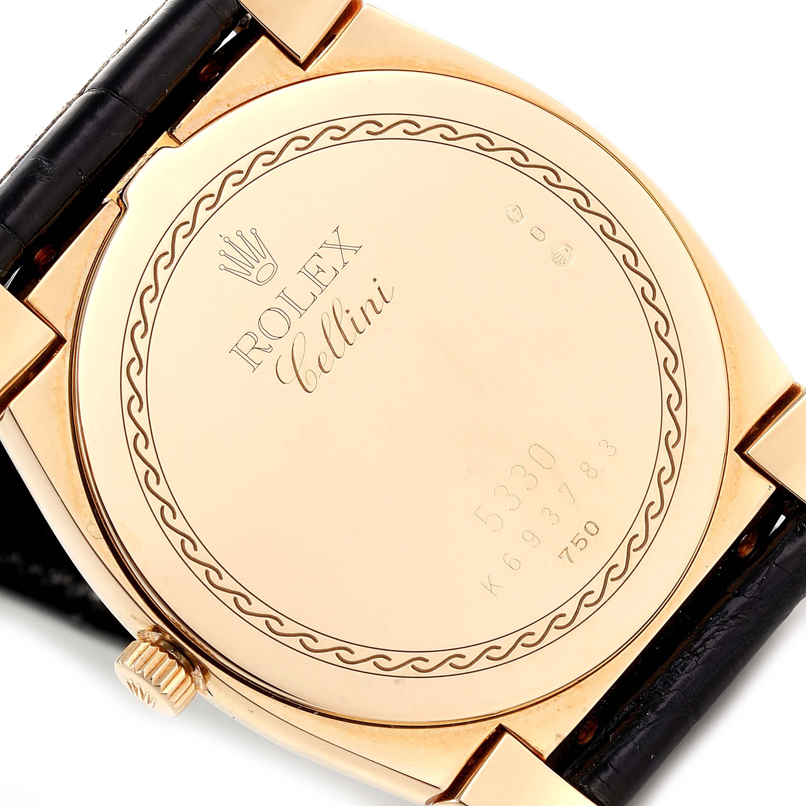 The image shows the back case of a Rolex Cellini 5330 Men's Yellow Gold White Dial 5330 Men's Yellow Gold White Dial watch, highlighting the engraved model details and brand name.
